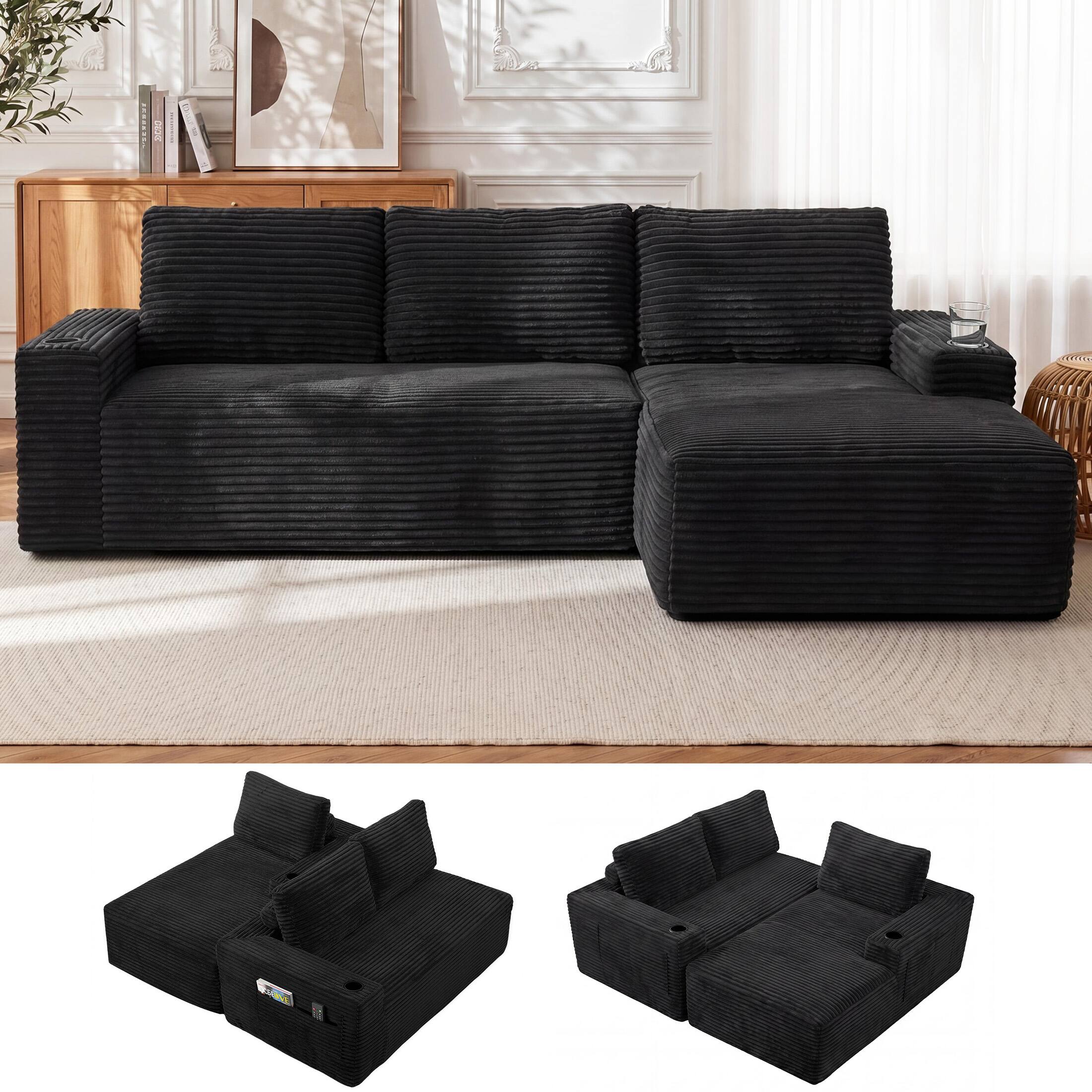 Angle. Anysun - 104" L-Shape Cloud Corduroy Sectional Couch – Modern Modular Sectional Sofa with Deep Seat, Right facing - Black.