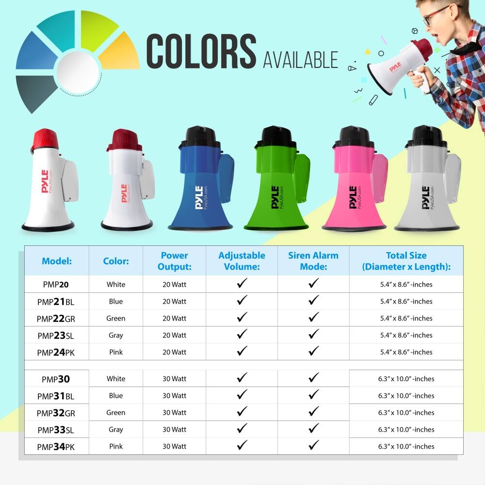**COLORS AVAILABLE**

- Pyle
- Pyletn.com
- PyleuGA.com
- PyleUSA.com
- PHEUSA.com

| Model: | Color: | Power Output: | Adjustable Volume: | Siren Alarm Mode: | Total Size (Diameter x Length): |
|--------|--------|--------------|-------------------|------------------|----------------------------|
| PMP20  | White  | 20 Watt      | ✓                 | ✓                | 5.4"x 8.6" -inches           |
| PMP21BL| Blue   | 20 Watt      | ✓                 | ✓                | 5.4"x 8.6" -inches           |
| PMP22GR| Green  | 20 Watt      | ✓                 | ✓                | 5.4"x 8.6" -inches           |
| PMP23SL| Gray   | 20 Watt      | ✓                 | ✓                | 5.4"x 8.6" -inches           |
| PMP24PK| Pink   | 20 Watt      | ✓                 | ✓                | 5.4"x 8.6" -inches           |
| PMP30  | White  | 30 Watt      | ✓                 | ✓                | 6.3"x 10.0" -inches          |
| PMP31BL| Blue   | 30 Watt      | ✓                 | ✓                | 6.3"x 10.0" -inches          |
| PMP32GR| Green  | 30 Watt      | ✓                 | ✓                | 6.3"x 10.0" -inches          |
| PMP33SL| Gray   | 30 Watt      | ✓                 | ✓                | 6.3"x 10.0" -inches          |
| PMP34PK| Pink   | 30 Watt      | ✓                 | ✓                | 6.3"x 10.0" -inches          |