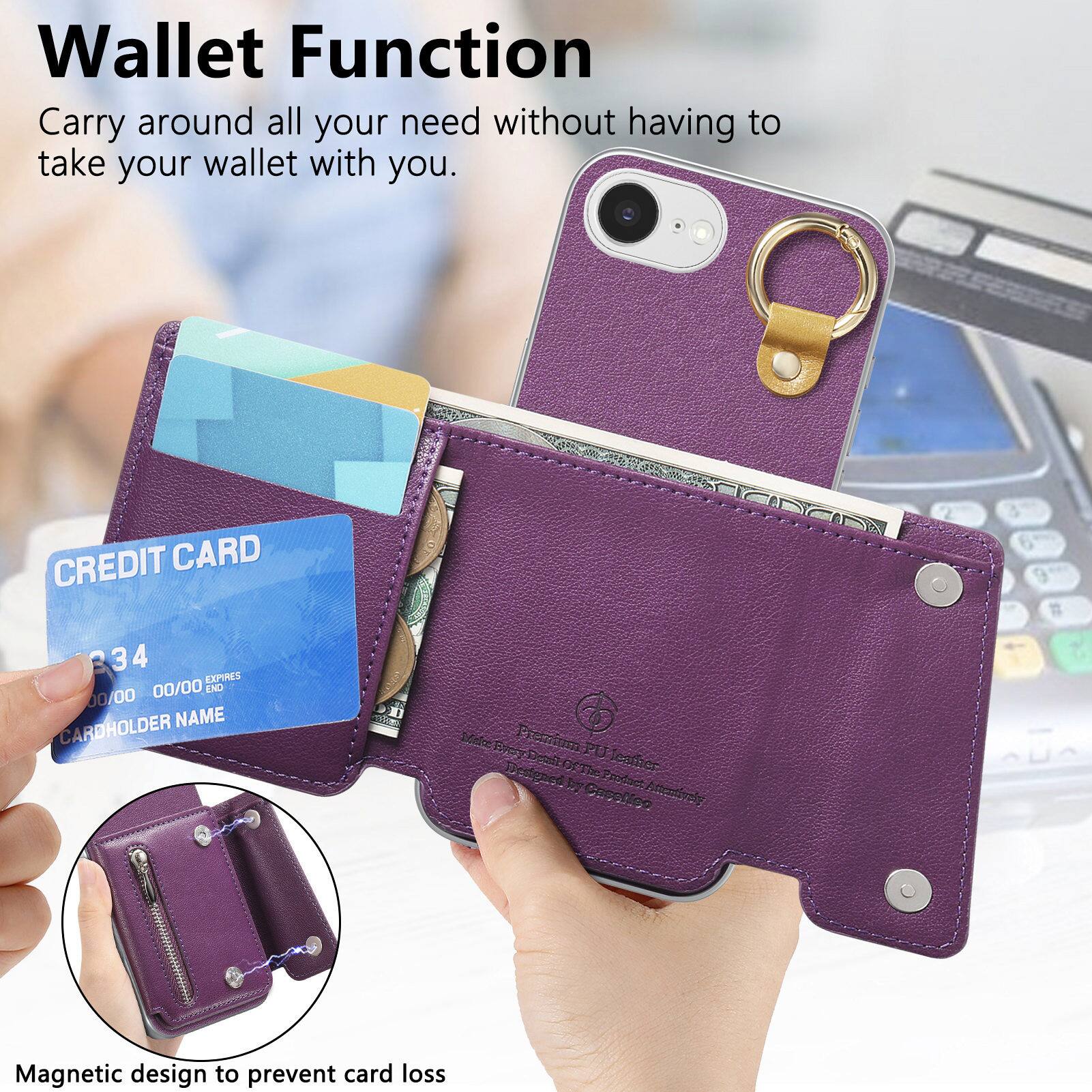 Wallet Function  
Carry around all your need without having to take your wallet with you.

CREDIT CARD  
34  
EXPIRES 00/00  
END 00/00  
CARDHOLDER NAME

Make TveryD Premium Desil PU caffier Designed OfThe Product by straforring Casolice

Magnetic design to prevent card loss