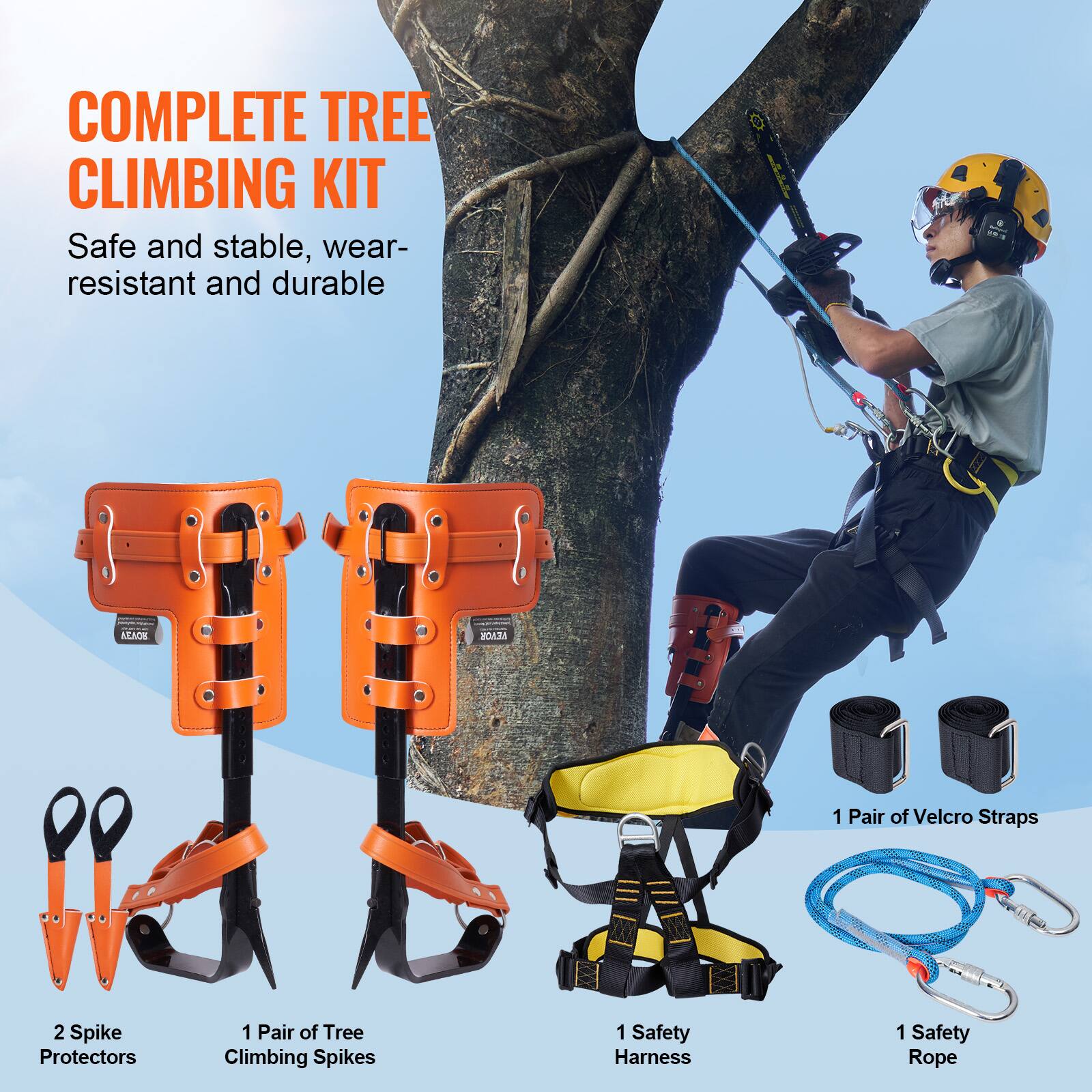 COMPLETE TREE CLIMBING KIT  
Safe and stable, wear-resistant and durable

- 2 Spike Protectors
- 1 Pair of Tree Climbing Spikes
- 1 Pair of Velcro Straps
- 1 Safety Harness
- 1 Safety Rope