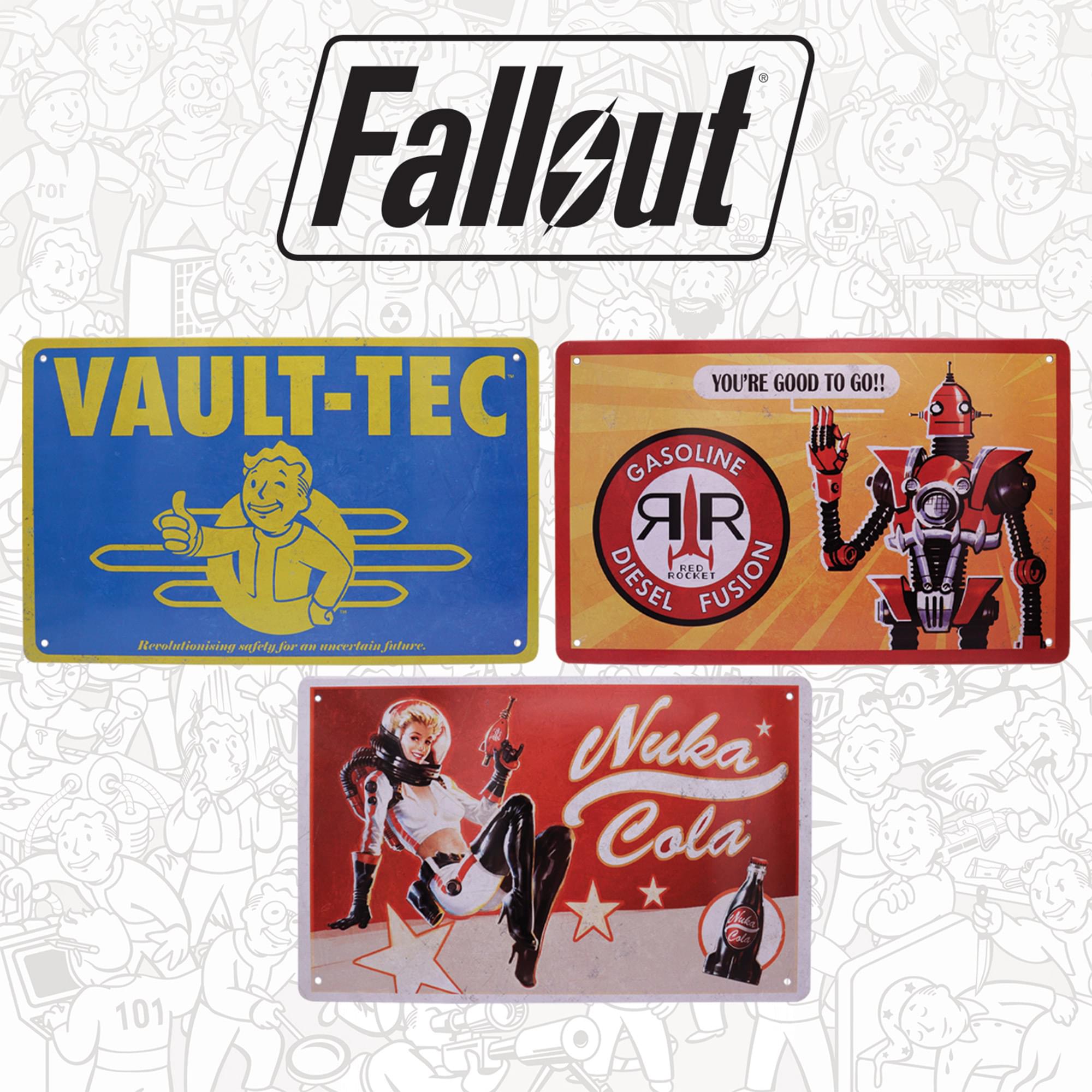 Sure, here is the corrected and grouped text from the image:

---

**Fallout**

**VAULT-TEC**  
Revolutionizing safety for an uncertain future.

**YOU'RE GOOD TO GO!!**  
GASOLINE  
DIESEL  
ROCKET FUSION  
AIR

**Nuka Cola**

---

**101**