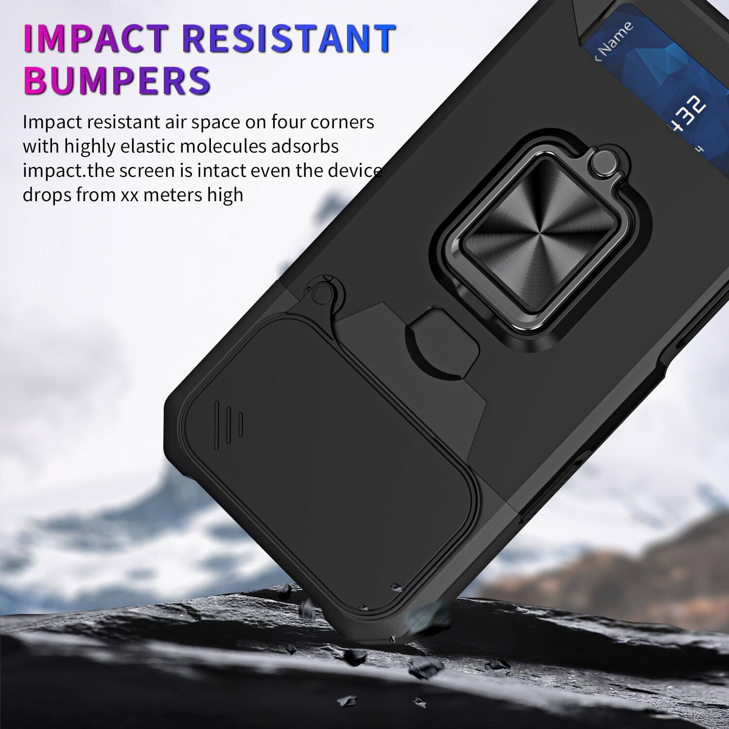 IMPACT RESISTANT BUMPERS

Impact resistant air space on four corners with highly elastic molecules adsorbs impact. The screen is intact even the device drops from xx meters high
