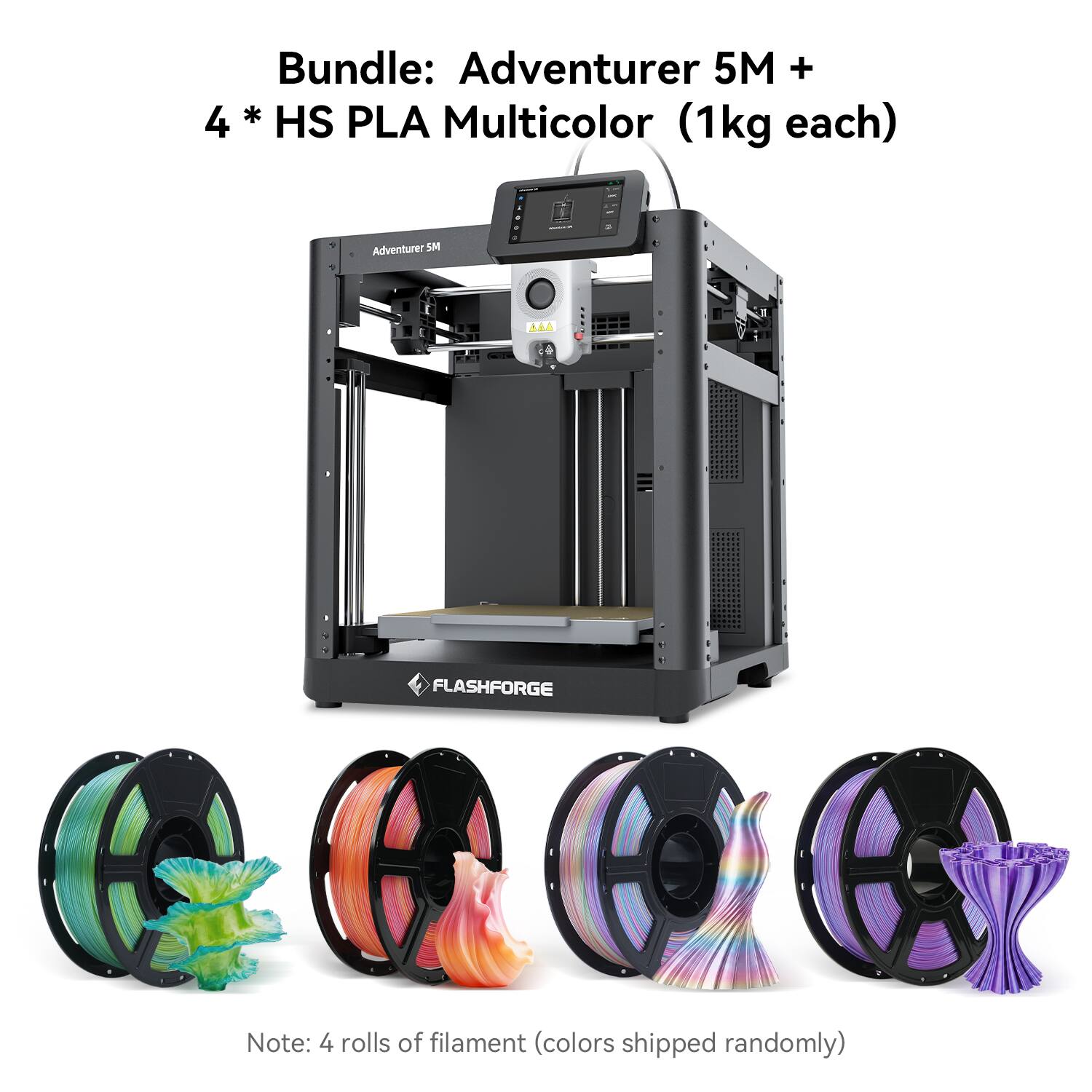 Bundle: Adventurer 5M + 4 * HS PLA Multicolor (1kg each)  
Note: 4 rolls of filament (colors shipped randomly)