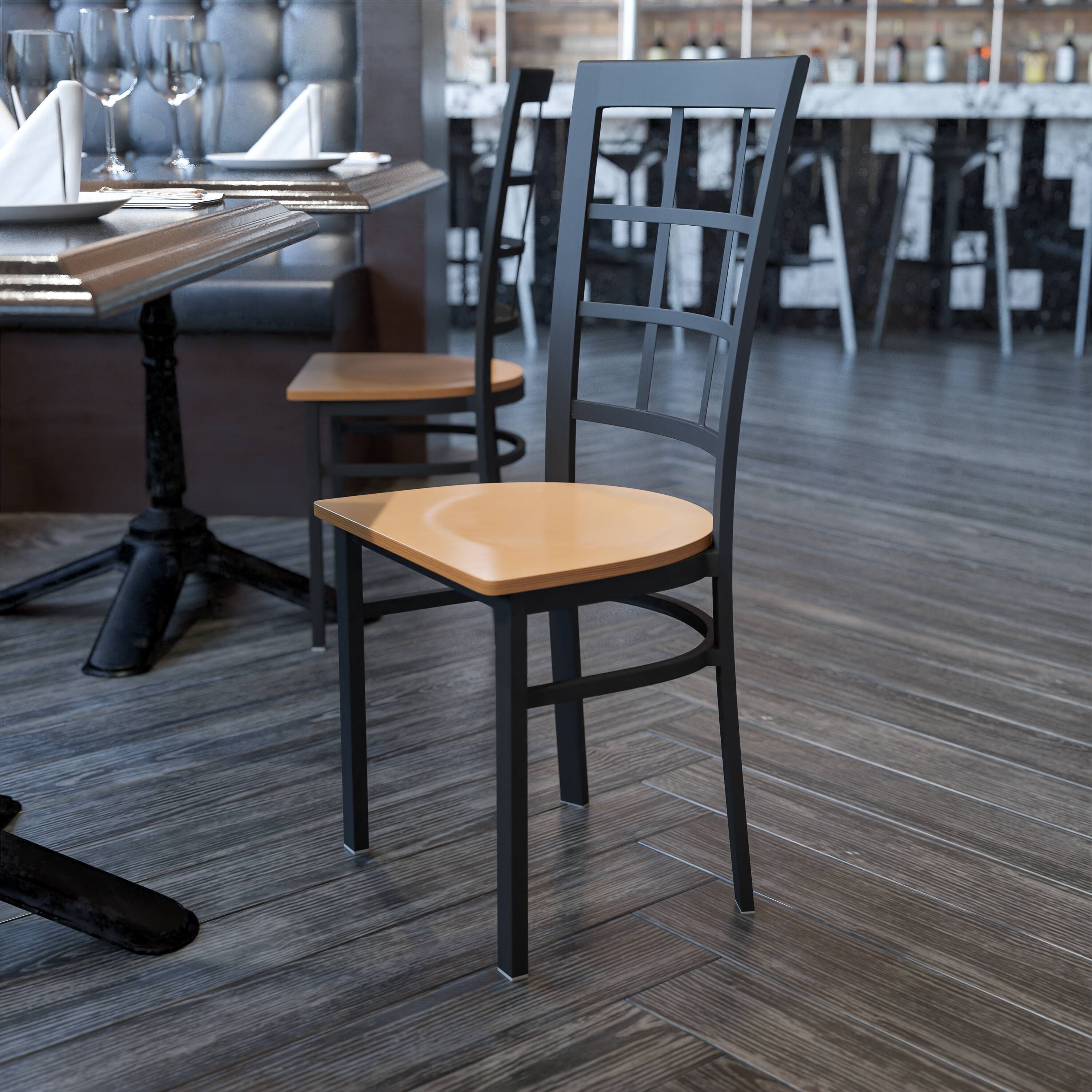 Angle. Flash Furniture - HERCULES Series Black Window Back Metal Restaurant Chair - Natural Wood Seat - Natural.