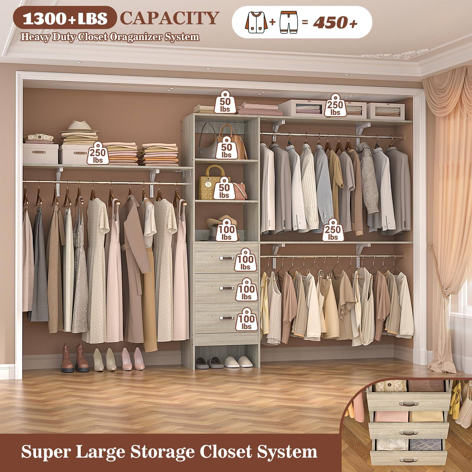 1300+ LBS CAPACITY Heavy Duty Closet Organizer System

+ = 450+

50 lbs
250 lbs
250 lbs
50 lbs
50 lbs
100 lbs
250 lbs
100 lbs
100 lbs
100 lbs

Super Large Storage Closet System
