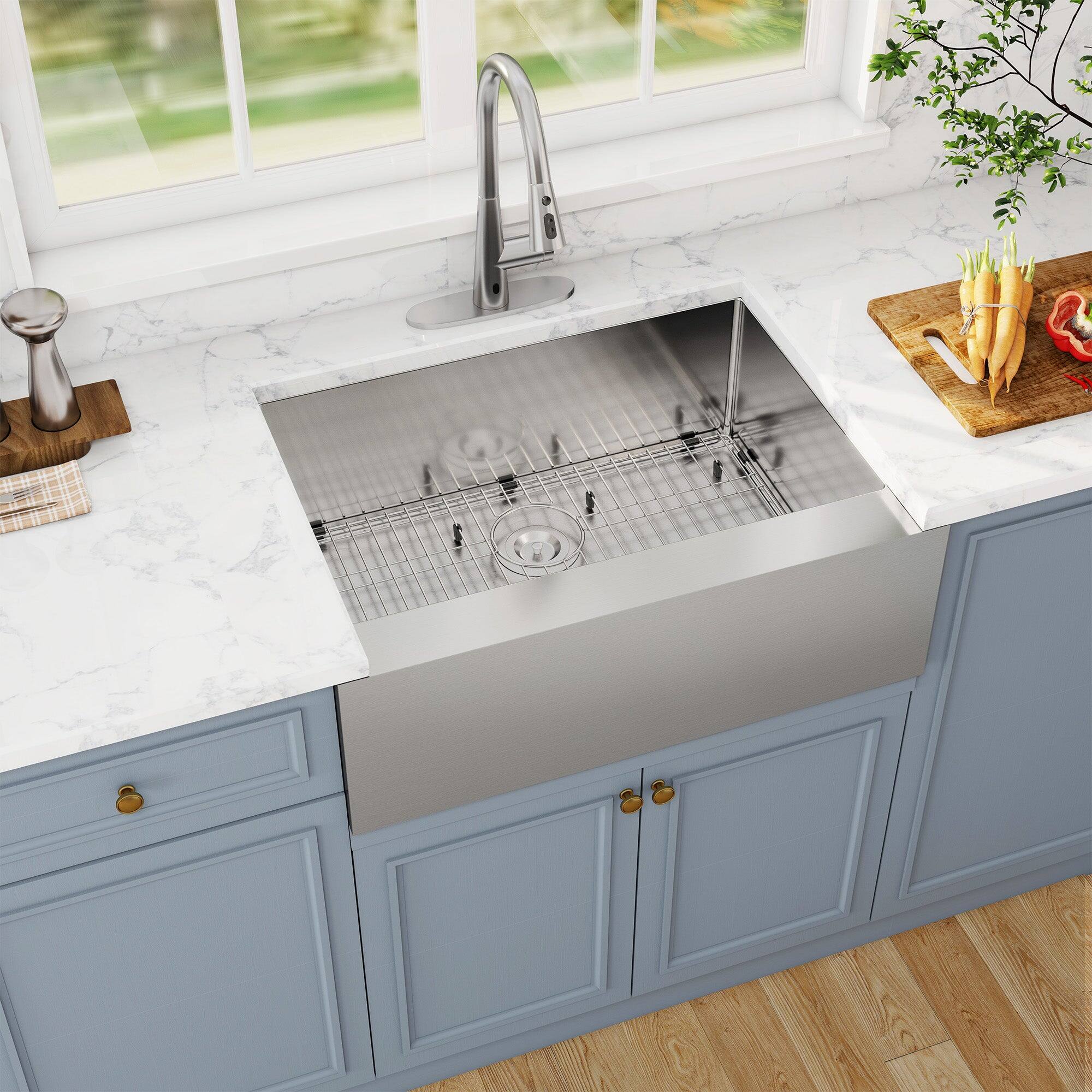 Alt View 4. Boyel Living - 30 in. Farmhouse Apron-Front Single Bowl 18-Gauge Silver Stainless Steel Kitchen Sink with Bottom Grid, Strainer Basket - Silver.