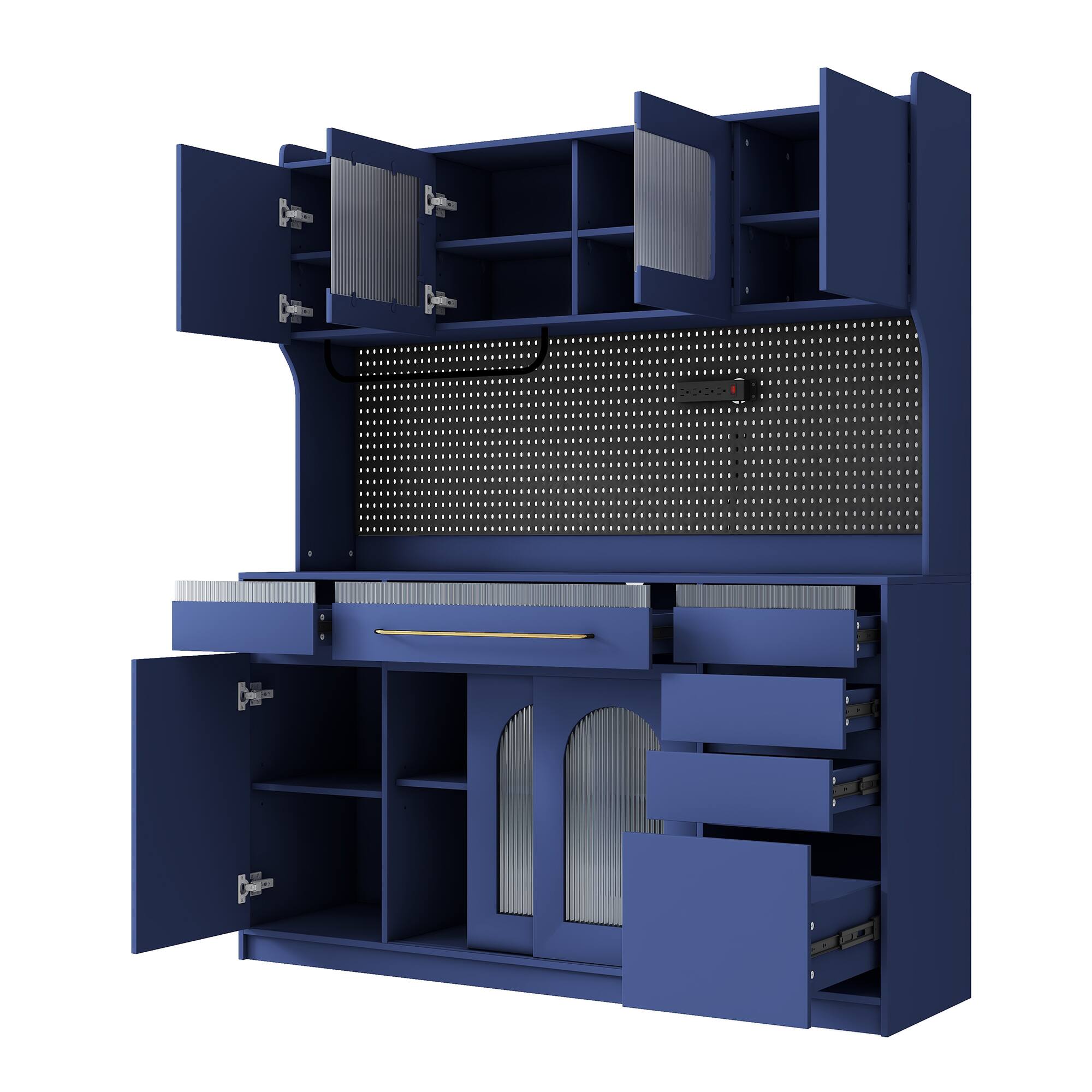 Alt View 1. Whisen - 63" W Kitchen Buffet with Hutch, Storage Cabinet with Power Outlet, Drawers & Glass Doors for Dining - Blue.