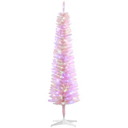 BreeBe - 5ft Tall Pencil Prelit Artificial Christmas Tree Holiday Décor with 250 Colorful Surface Branches - Pink
