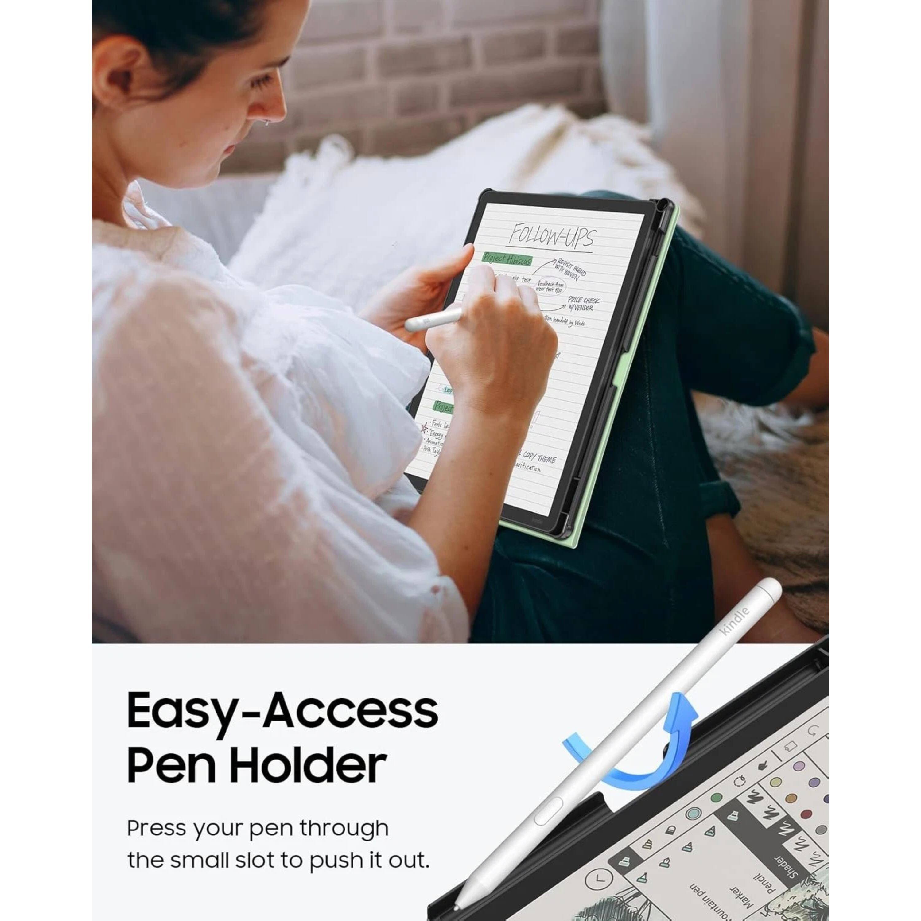 FOLLOW-UPS

Easy-Access Pen Holder

Press your pen through the small slot to push it out.