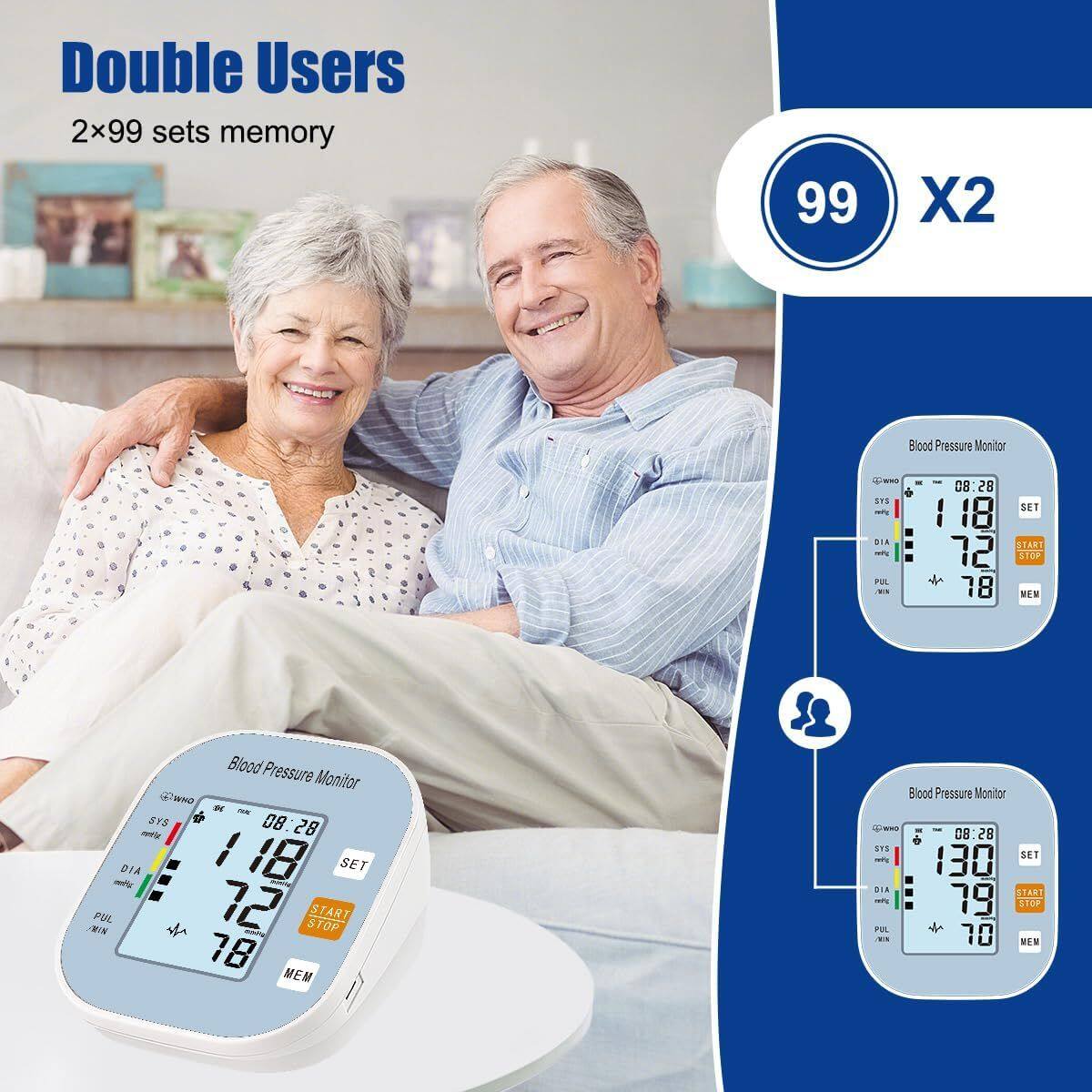 Double Users  
2x99 sets memory  

Blood Pressure Monitor  
SYST: 118  
DIA: 72  
PUL: 78  
MEM  

Blood Pressure Monitor  
SYST: 128  
DIA: 78  
PUL: 78  
MEM  

Blood Pressure Monitor  
SYST: 130  
DIA: 79  
PUL: 70  
MEM  

99 X2