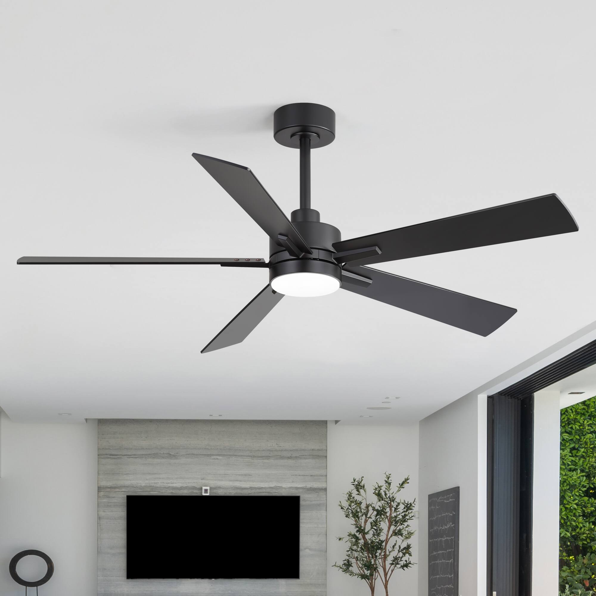 Angle. Breezary - 52-Inch Ceiling Fan with LED Light, 5 Plywood Blades, Remote Control, DC Motor, Includes 5" & 10" Downrods - Black.