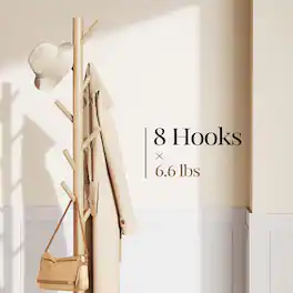 Pipishell - Solid Wood Freestanding Coat Rack, 8 Hooks, 3 Adjustable Heights, Easy Assembly - Natural color