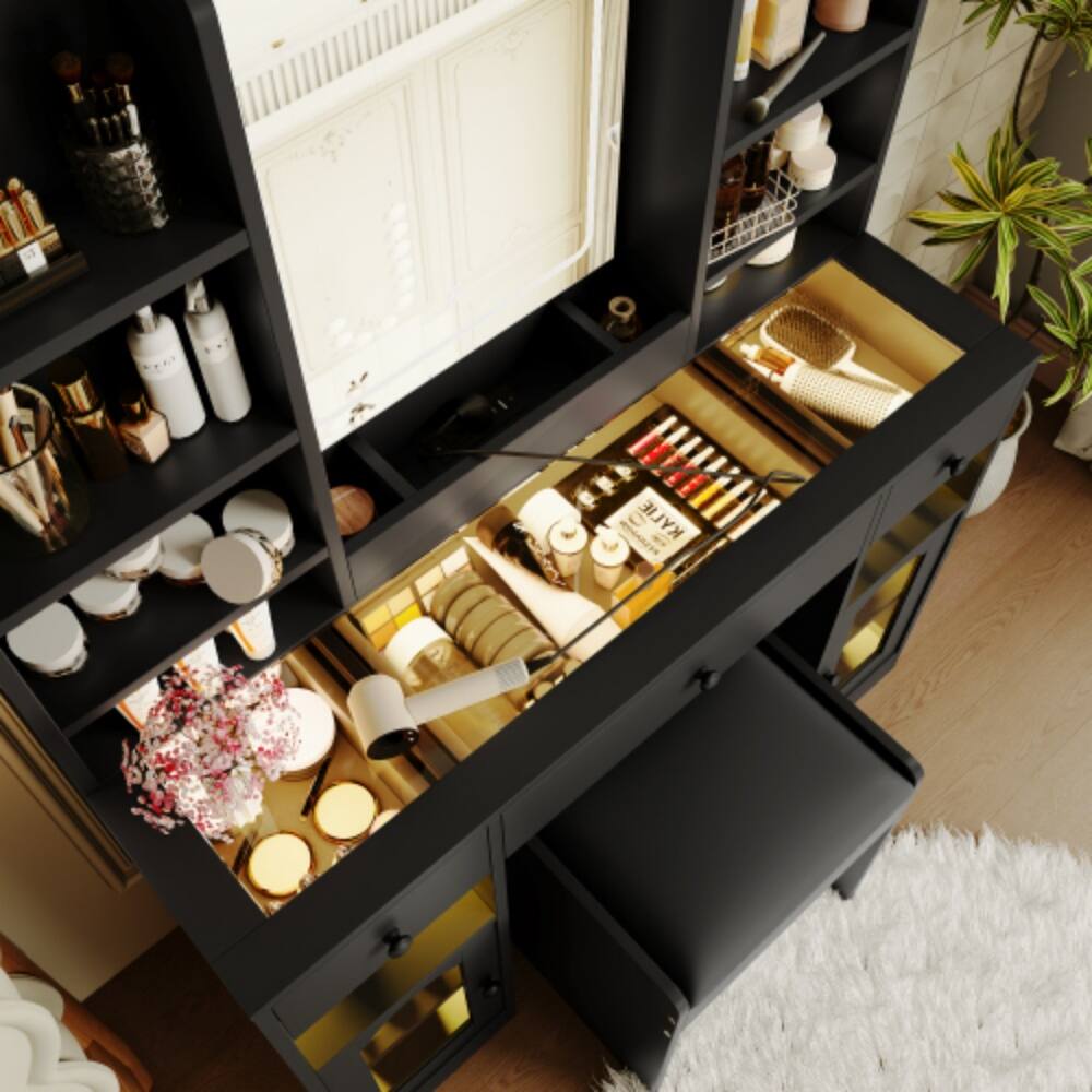 Alt View 5. LUCKY ONE - 43.2" Vanity Desk w/ LED Mirror RGB Glass Cabinets 3 Drawers & Stool - Black.