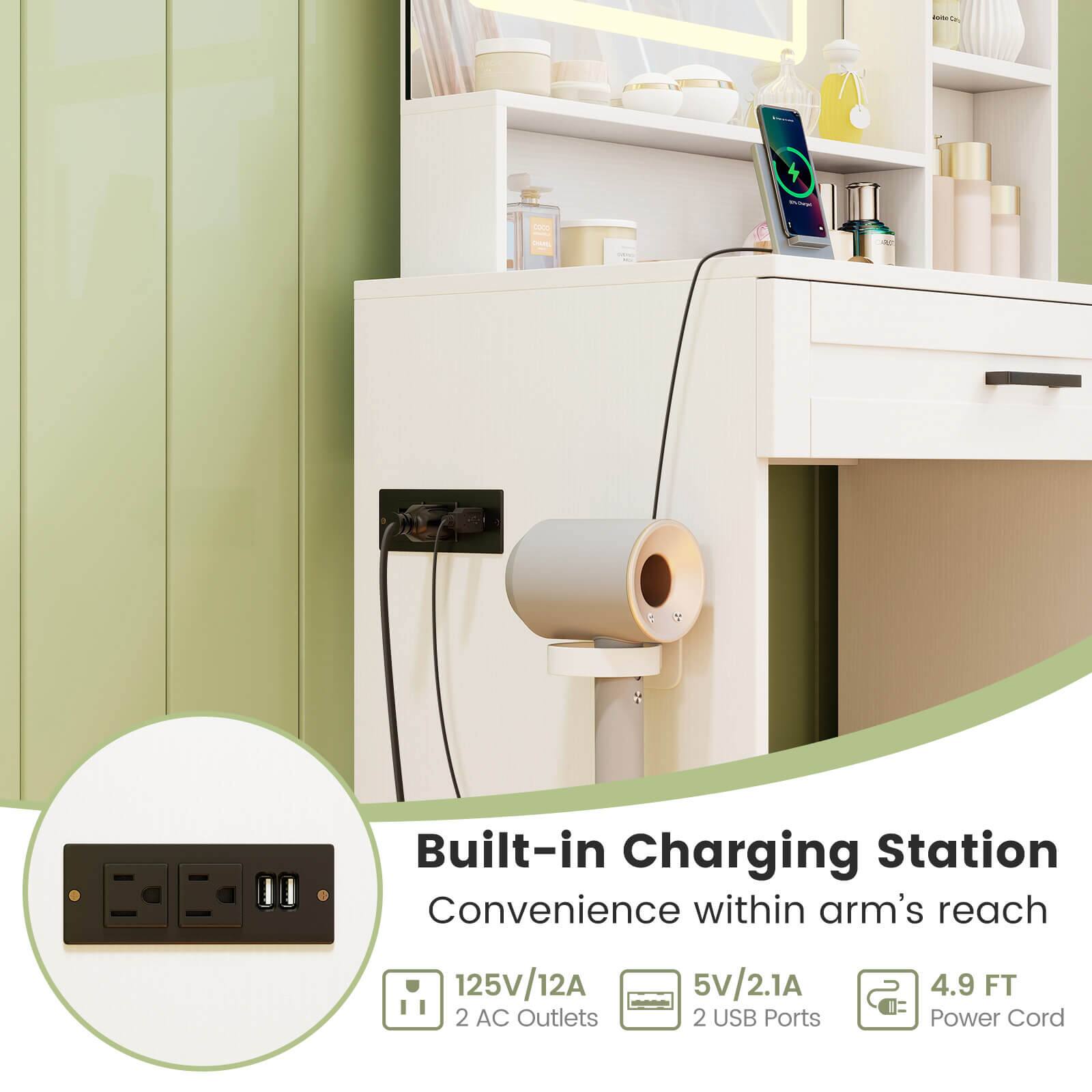 Built-in Charging Station  
Convenience within arm's reach  

125V/12A  
2 AC Outlets  
5V/2.1A  
2 USB Ports  
4.9 FT Power Cord