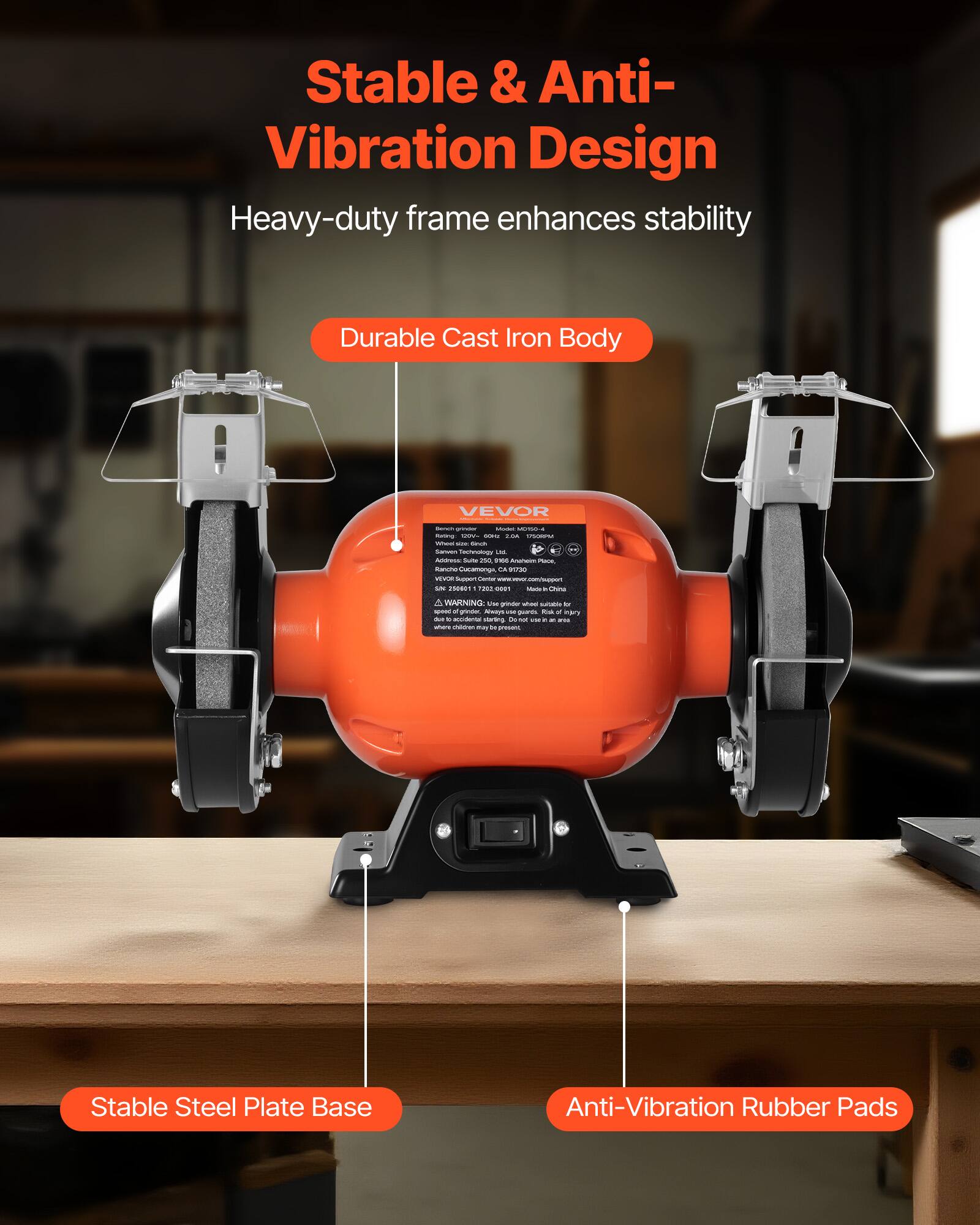 Stable & Anti-Vibration Design

Heavy-duty frame enhances stability

- Durable Cast Iron Body
- Stable Steel Plate Base
- Anti-Vibration Rubber Pads