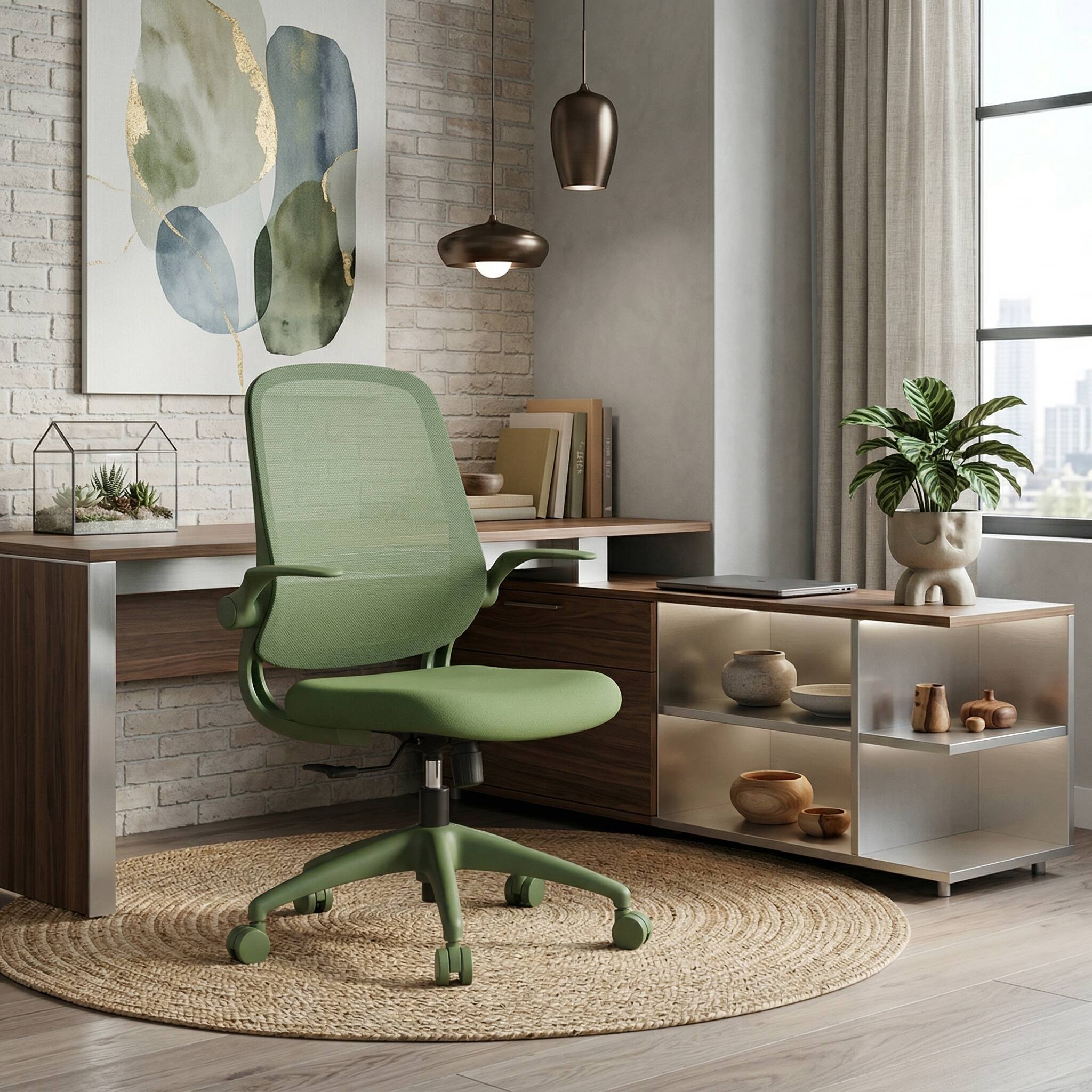 Front. Forest'nSky - Modern Ergonomic Office Chair – BIFMA Certified, 3D Flipping Arms, Fabric High-Back Executive Desk Chair, Green - Green.