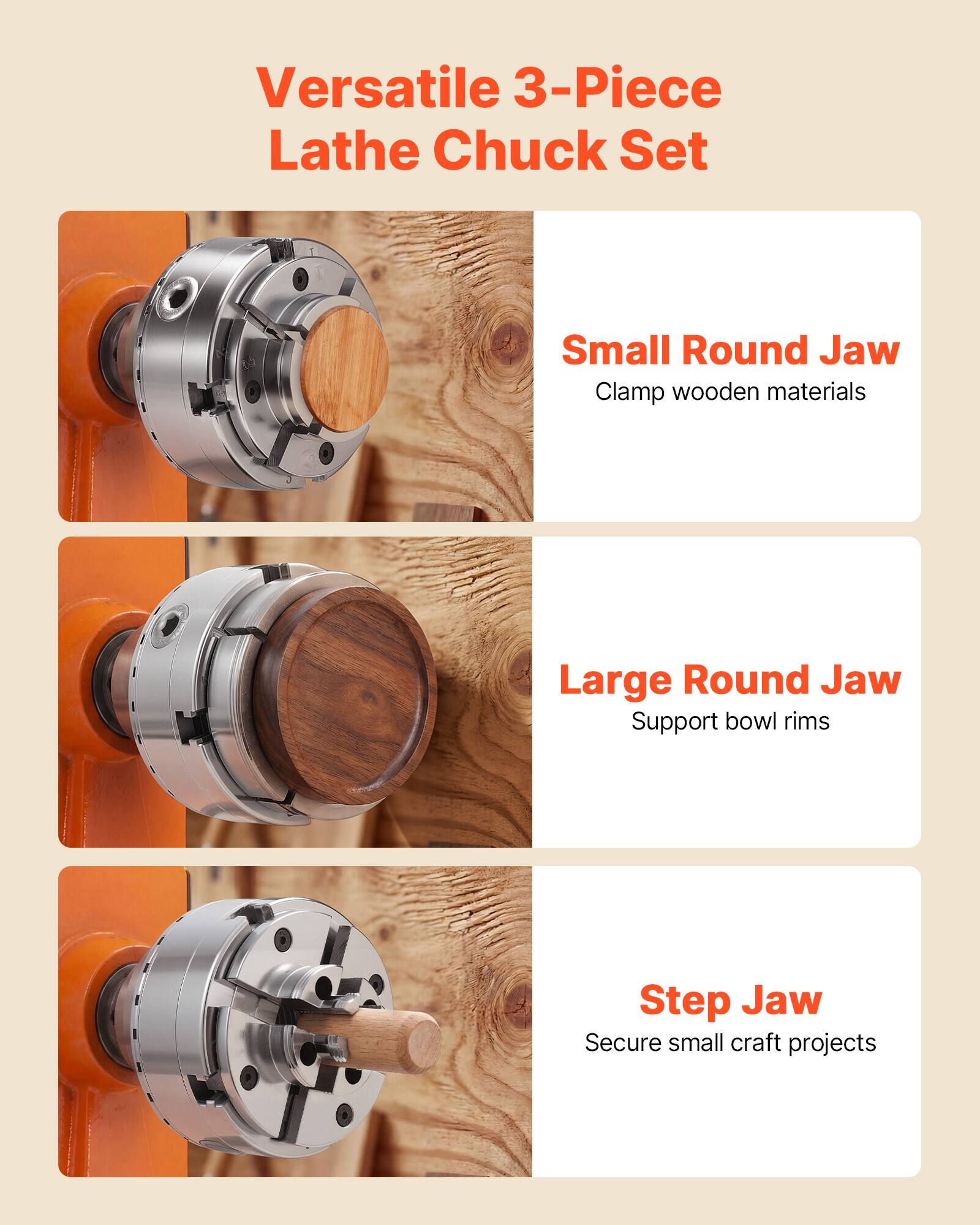 Versatile 3-Piece Lathe Chuck Set

- Small Round Jaw: Clamp wooden materials
- Large Round Jaw: Support bowl rims
- Step Jaw: Secure small craft projects
