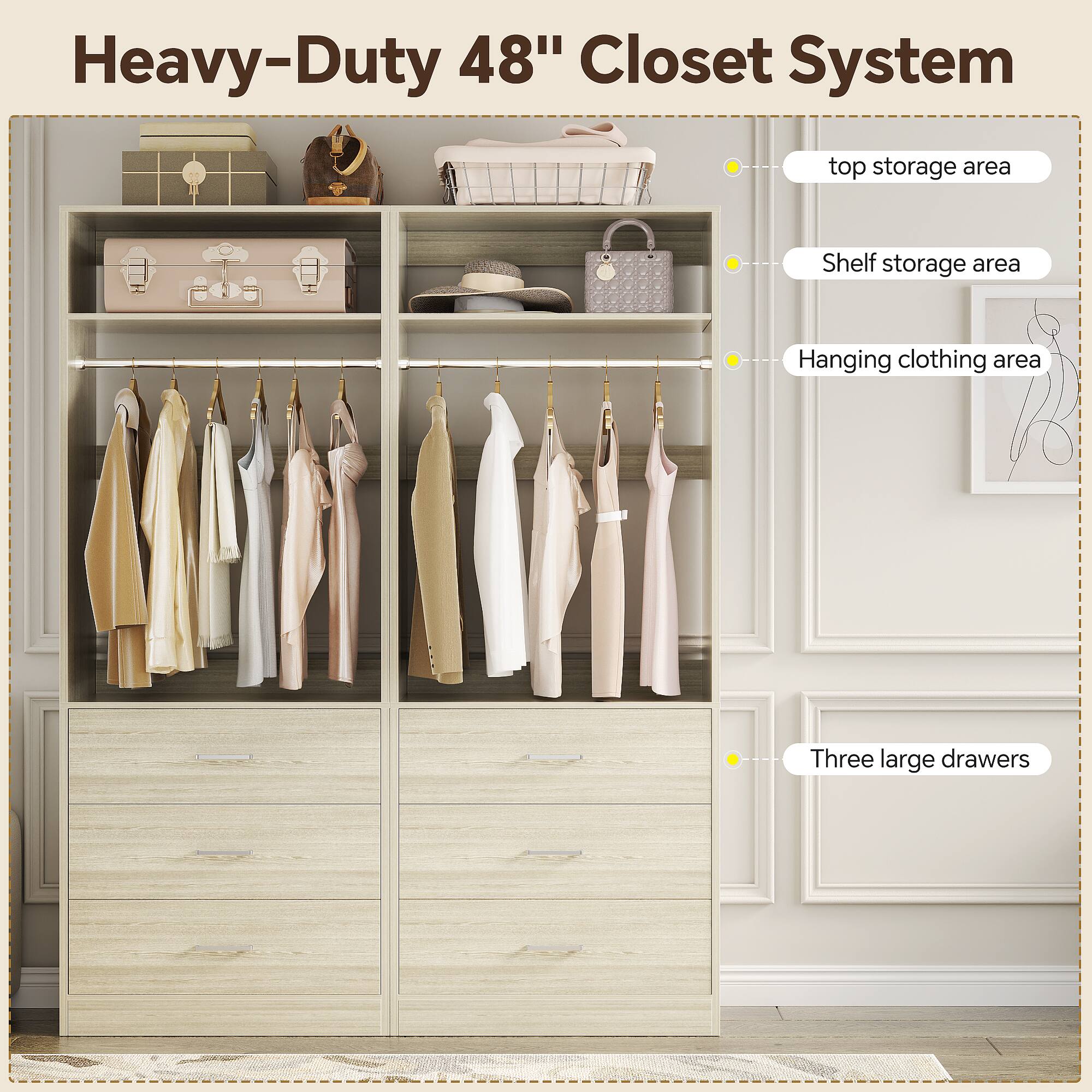 Heavy-Duty 48" Closet System

- top storage area
- Shelf storage area
- Hanging clothing area
- Three large drawers