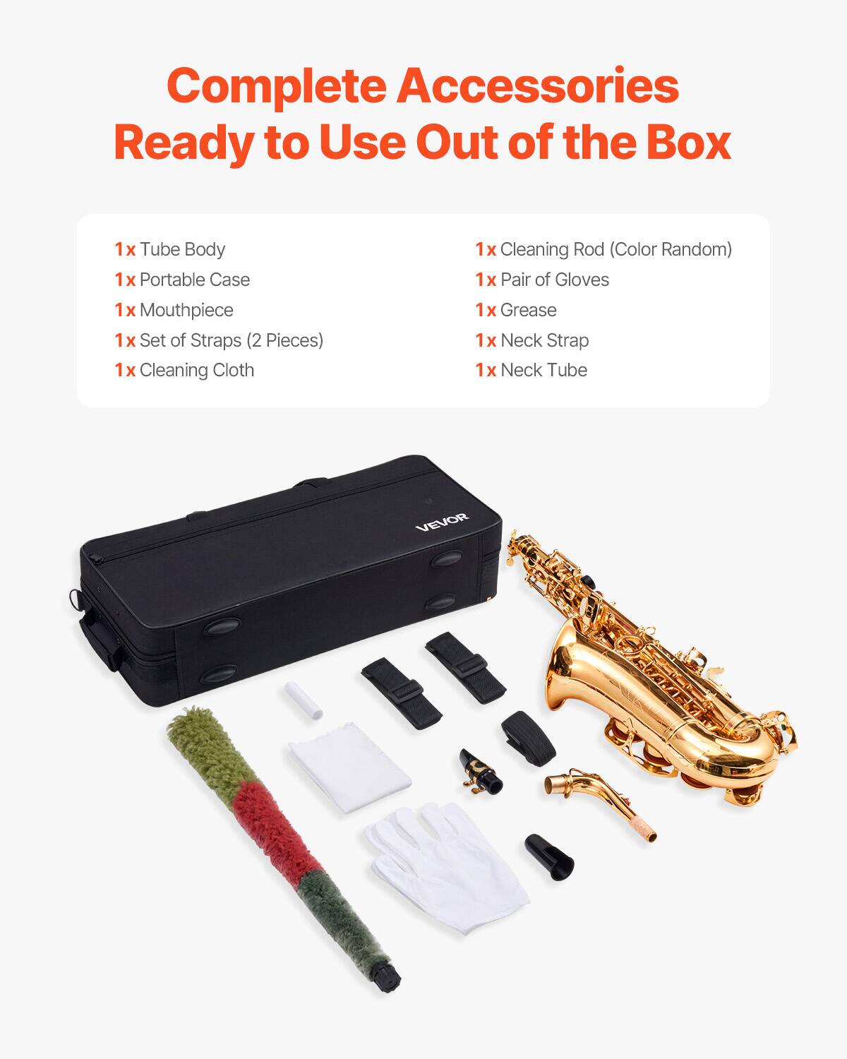 Complete Accessories Ready to Use Out of the Box

- 1x Tube Body
- 1x Portable Case
- 1x Mouthpiece
- 1x Set of Straps (2 Pieces)
- 1x Cleaning Cloth
- 1x Cleaning Rod (Color Random)
- 1x Pair of Gloves
- 1x Grease
- 1x Neck Strap
- 1x Neck Tube