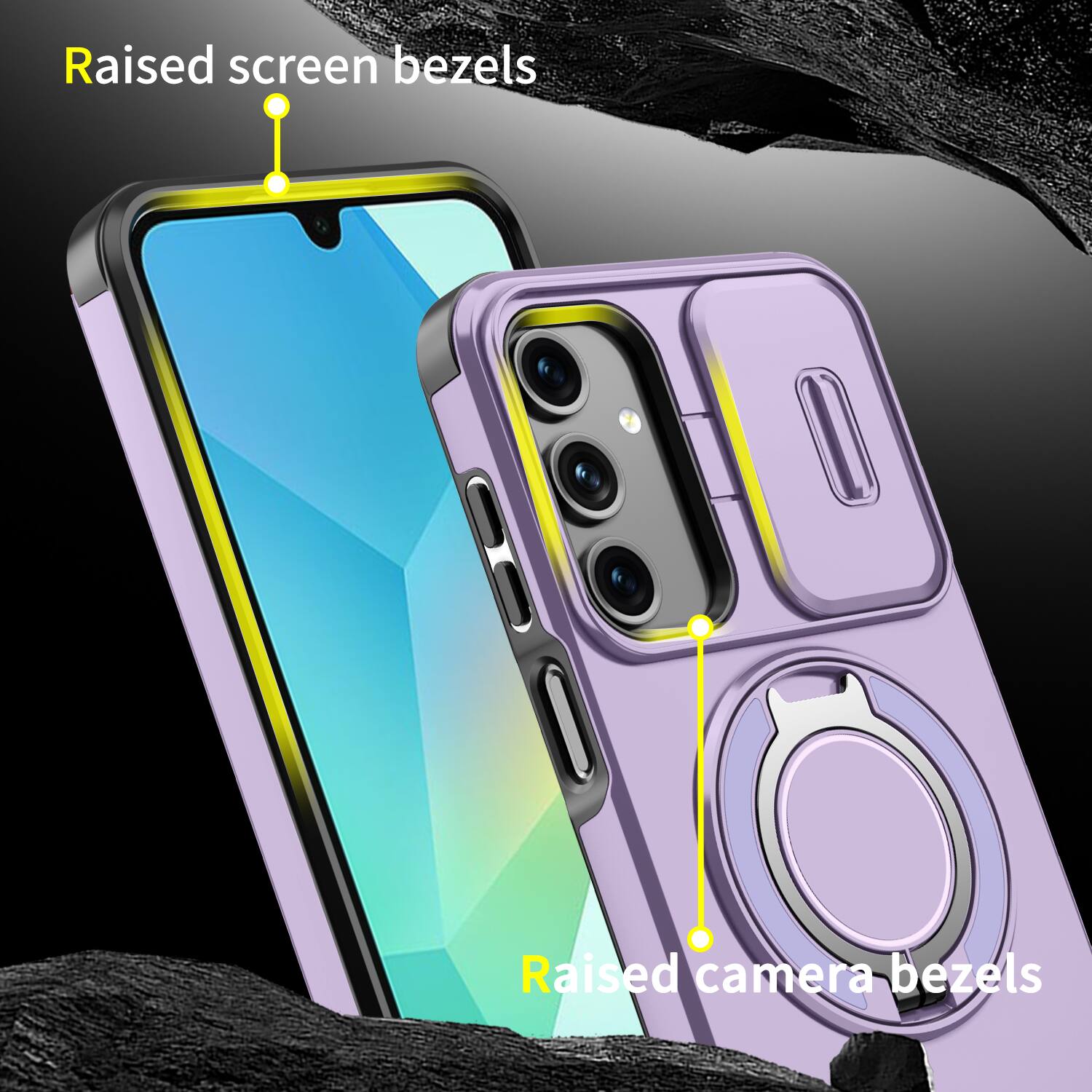 Raised screen bezels  
Raised camera bezels