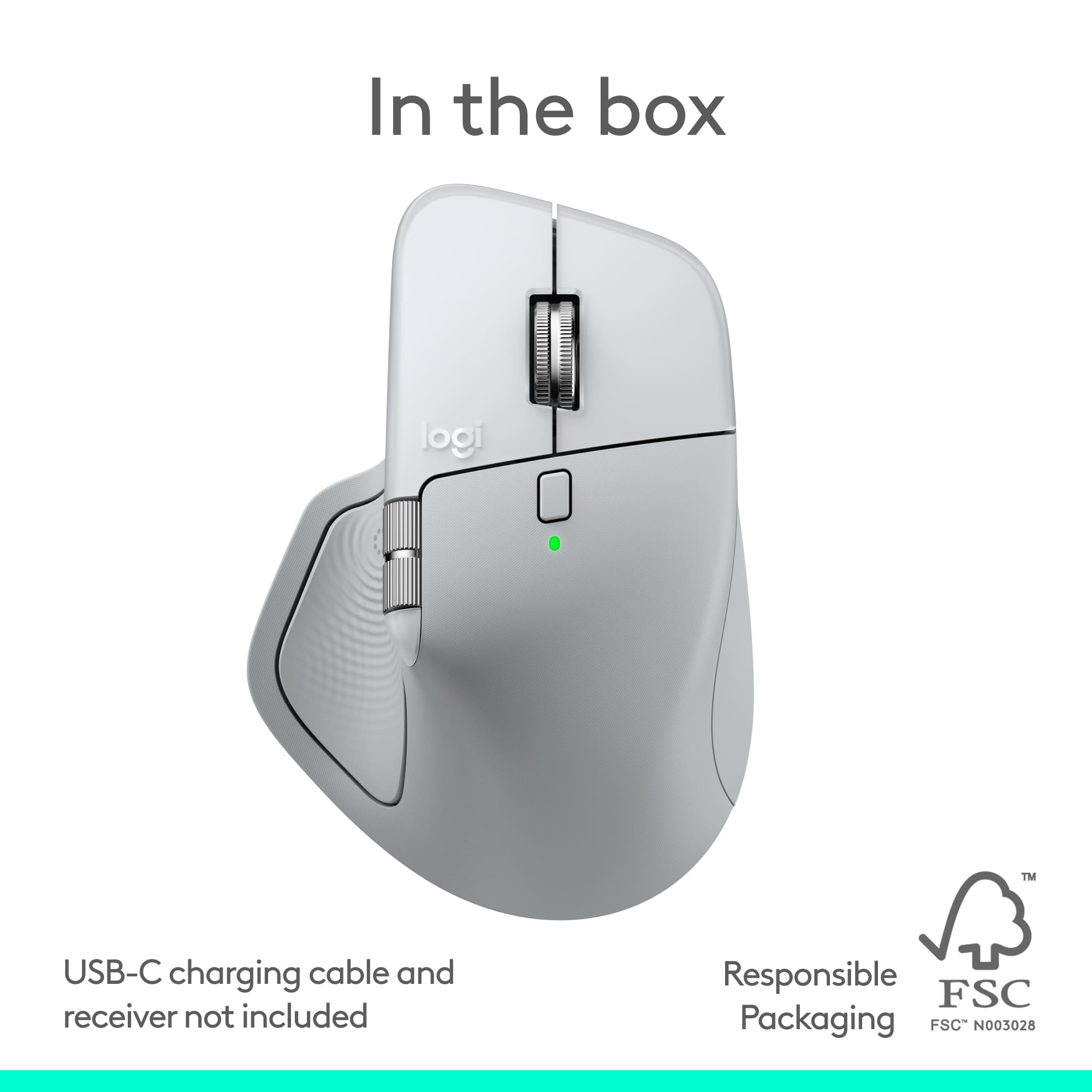 In the box: Logi TM USB-C charging cable and receiver not included. Responsible FSC Packaging FSC N003028.