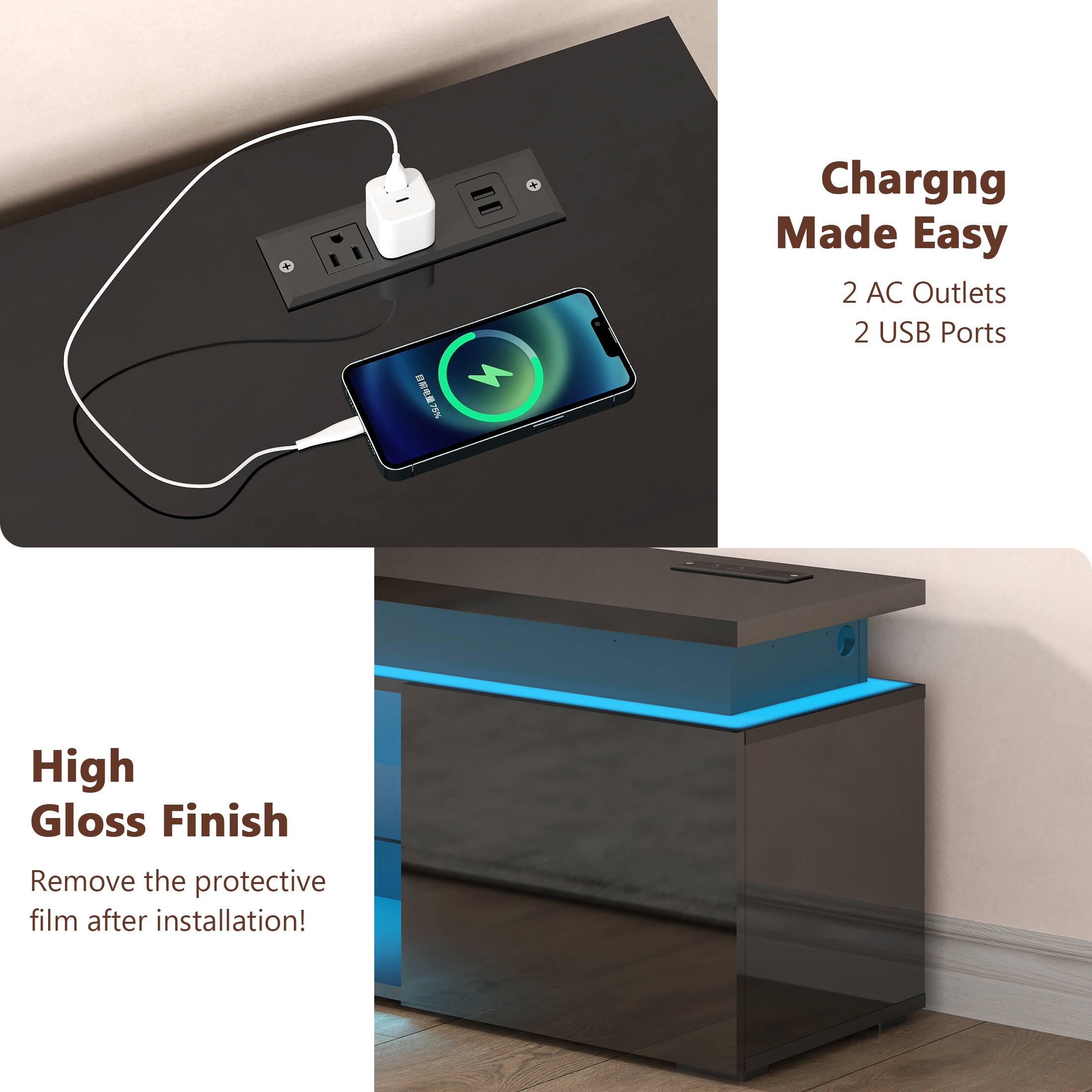 Charging Made Easy
2 AC Outlets
2 USB Ports

High Gloss Finish
Remove the protective film after installation!