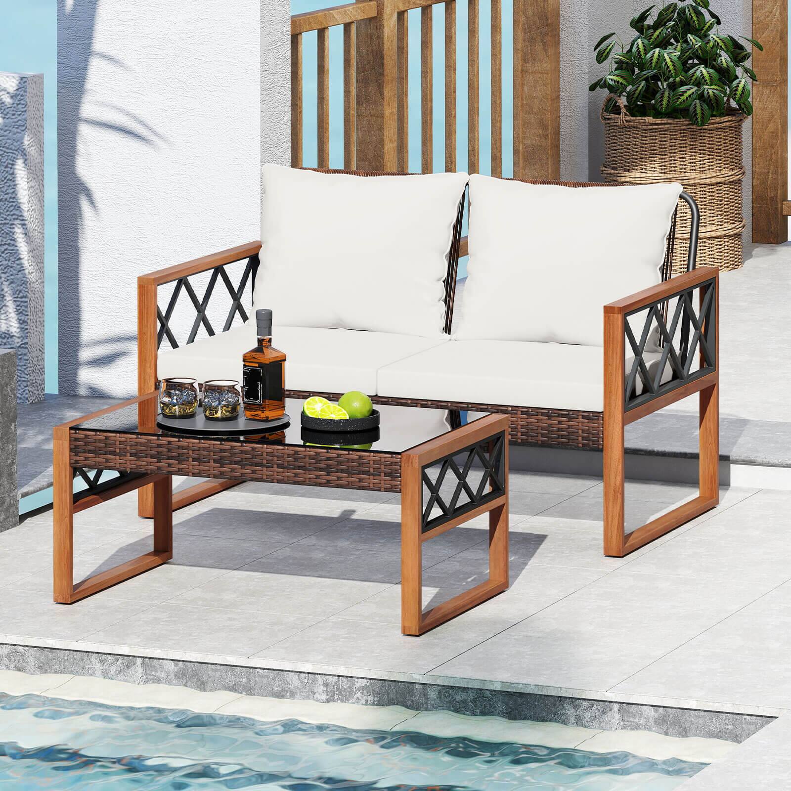 Alt View 4. Costway - Costway 2 Pieces Patio PE Wicker Furniture Set Outdoor Acacia Wood Loveseat for Porch - Mix Brown,Off White.