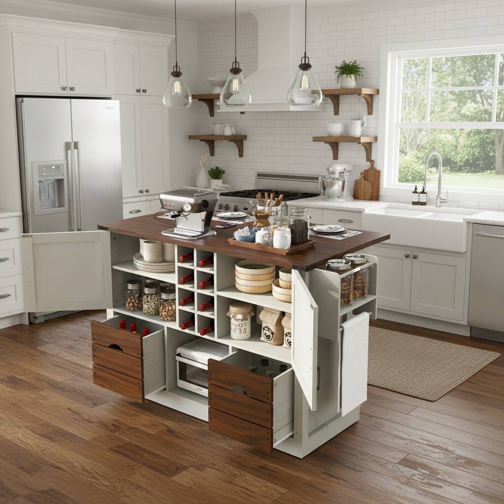 Left. Forest'nSky - Kitchen Island on 4 Large Wheels, 54" Farmhouse Style with Drop Leaf, Power Outlet, 2 Doors, White - White.