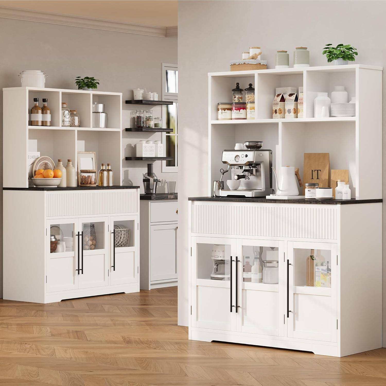 Alt View 2. Homhougo - 60" Kitchen Pantry Cabinet, Tall Pantry Storage Cabinet with Microwave Stand, Farmhouse Kitchen Hutch with Storage - ‎White.