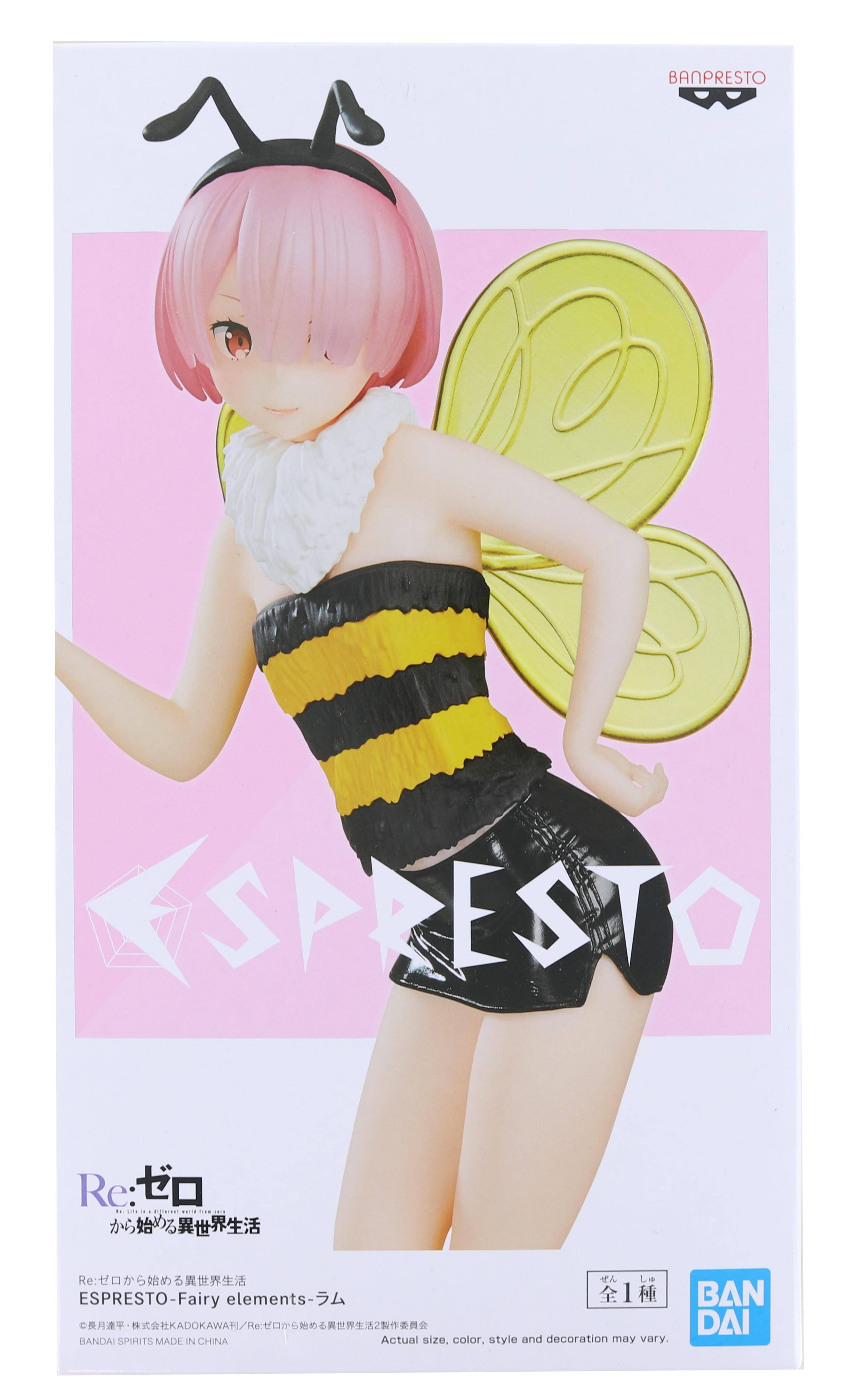 BANPRESTO  
Re: Re: SIE ....... ... .-. --   Re:   ESPRESTO-Fairy elements- 1  
KADOKAWA/Re2 KADOKAWA/ BANDAI SPIRITS MADE IN CHINA  
Actual size, color, style and decoration may vary.  

BANPRESTO  
Re・ゼロから始める異世界生活  
ESPRESTO-Fairy elements-ラム  
©月刊連載・株式会社KADOKAWA/Re・ゼロから始める異世界生活製作委員会  
BANDAI SPIRITS MADE IN CHINA  

BAN DAI