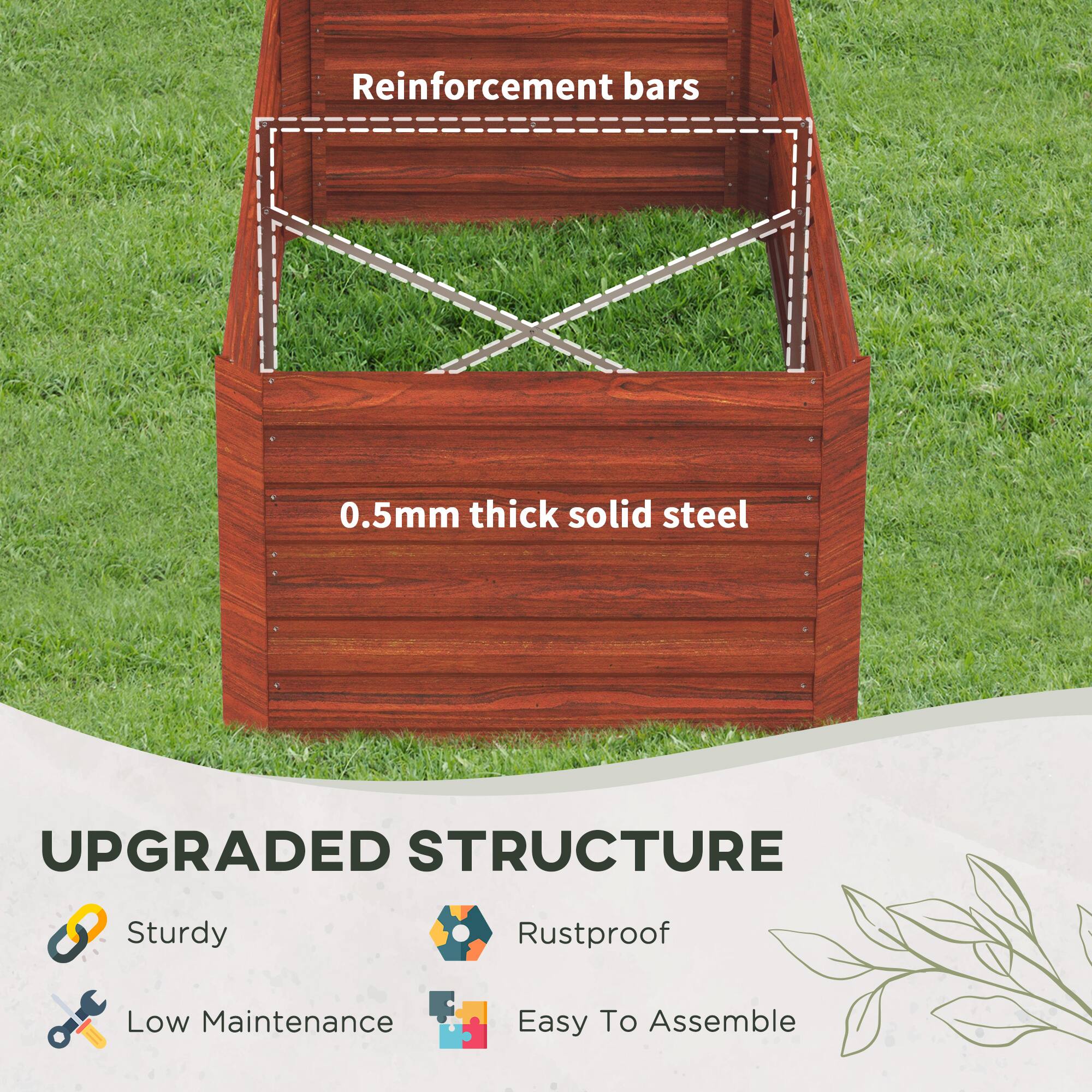 Reinforcement bars 0.5mm thick solid steel. UPGRADED STRUCTURE: Sturdy, Rustproof, Low Maintenance, Easy To Assemble.