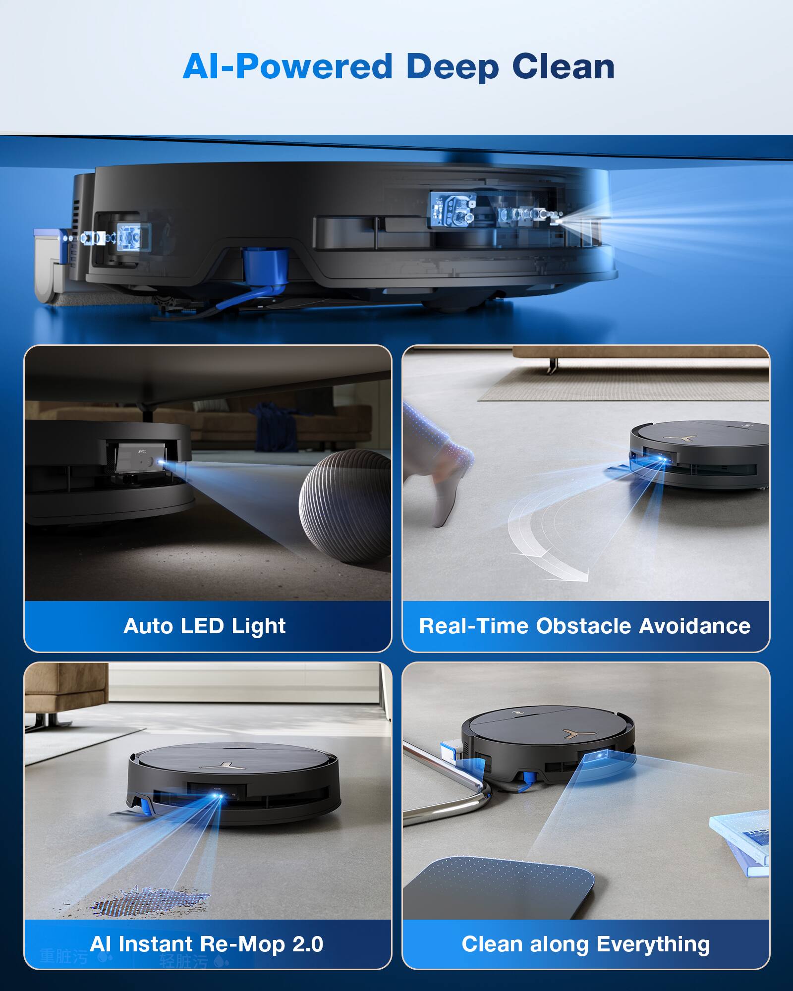 AI-Powered Deep Clean

Auto LED Light

Real-Time Obstacle Avoidance

AI Instant Re-Mop 2.0

Clean along Everything