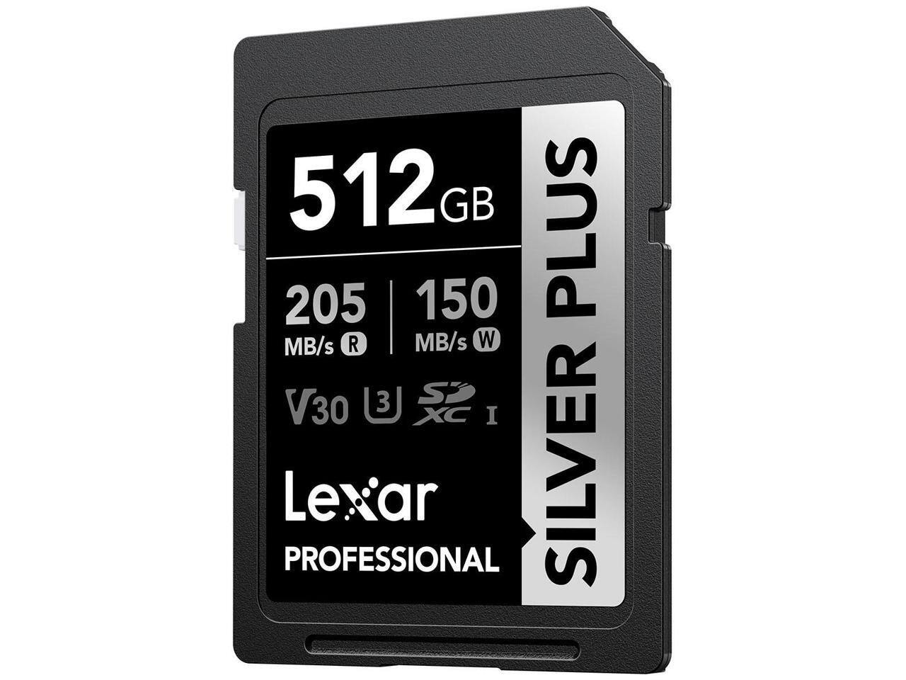 512 GB PLUS  
205 MB/s R  
150 MB/s W  
V30  
U3  
XC I  
Lexar PROFESSIONAL SILVER
