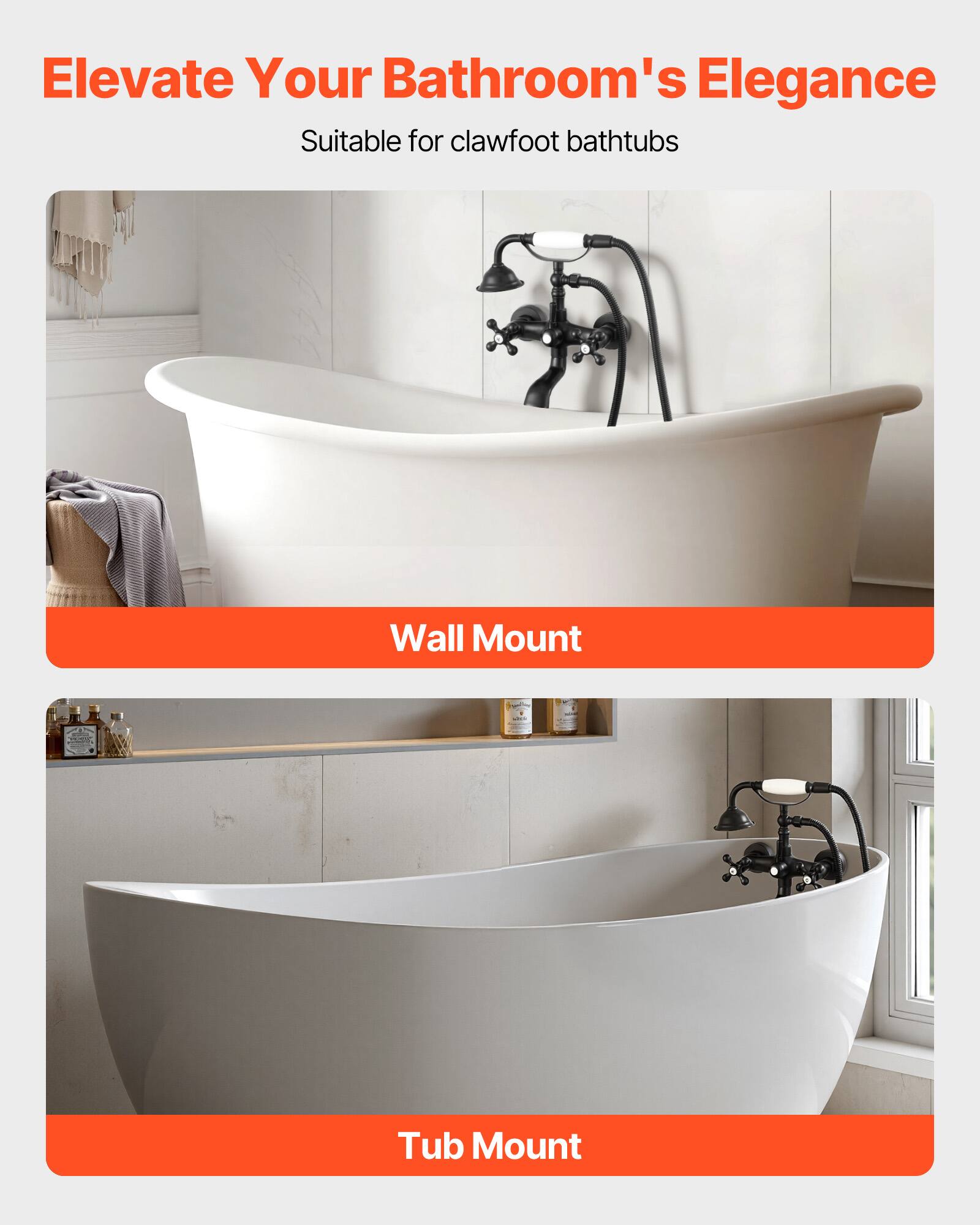 Elevate Your Bathroom's Elegance  
Suitable for clawfoot bathtubs  

Wall Mount  

Tub Mount