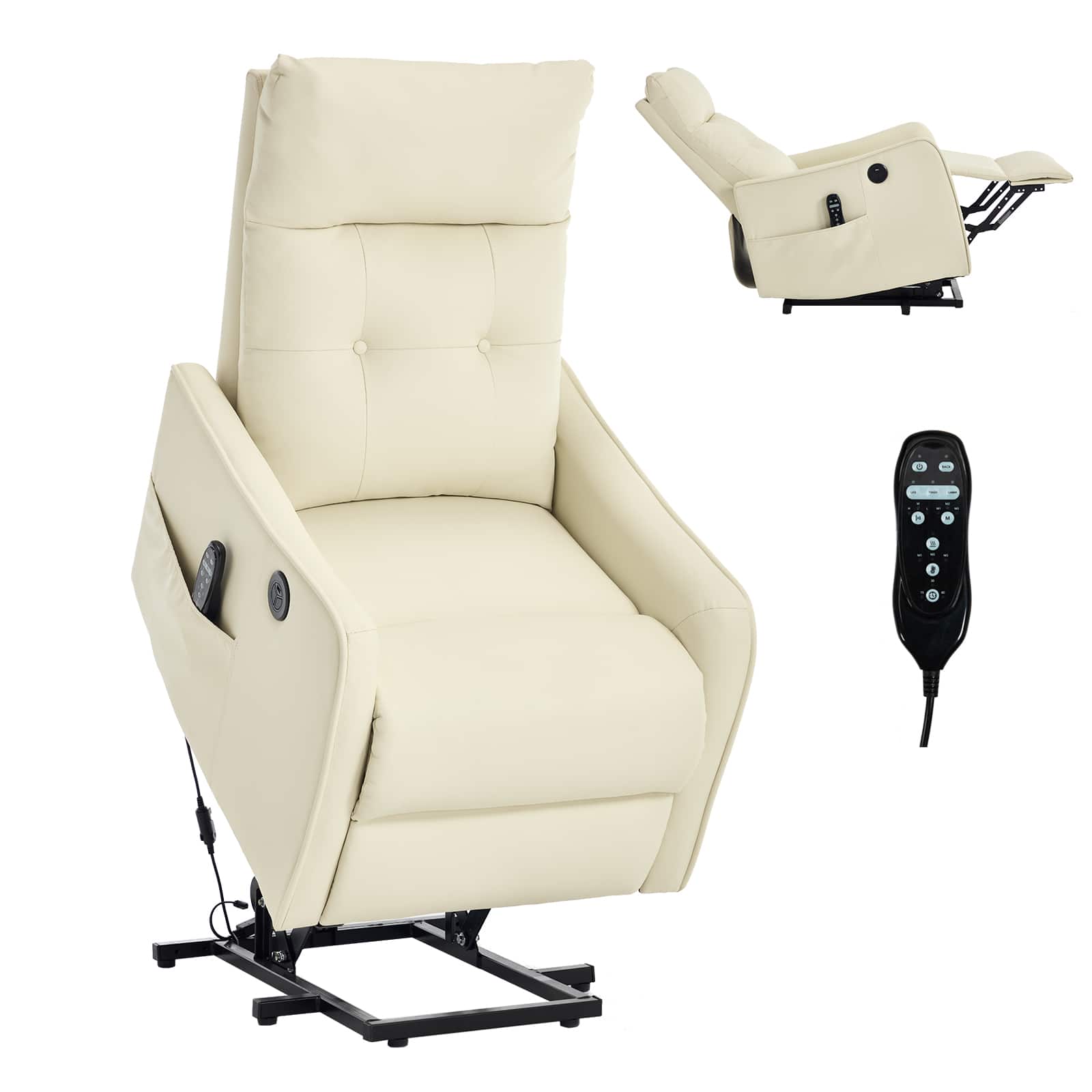 LUCKY ONE - Faux Leather Single Motor Power Lift Recliner Chair with Massage, Heat & USB Charging - Beige