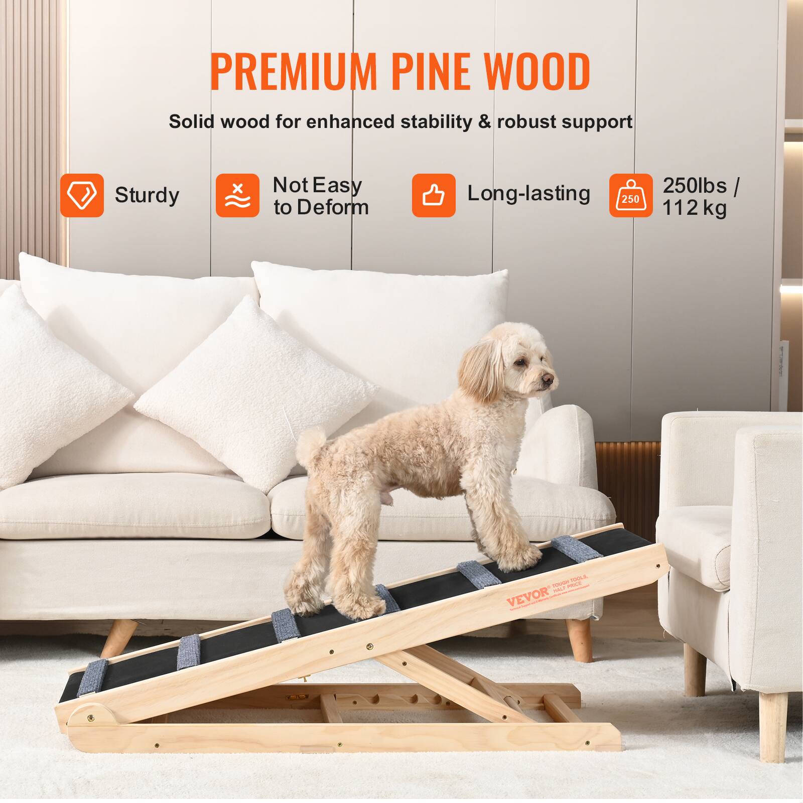 PREMIUM PINE WOOD  
Solid wood for enhanced stability & robust support  
Sturdy  
Not Easy to Deform  
Long-lasting  
250lbs / 112 kg  

VEVOR