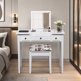 WELLFOR - Flip‑Top Mirror Vanity Dressing Table Set with 3 Drawers &Cushioned Stool, Makeup Vanity Table Set with Solid Wood Legs - White