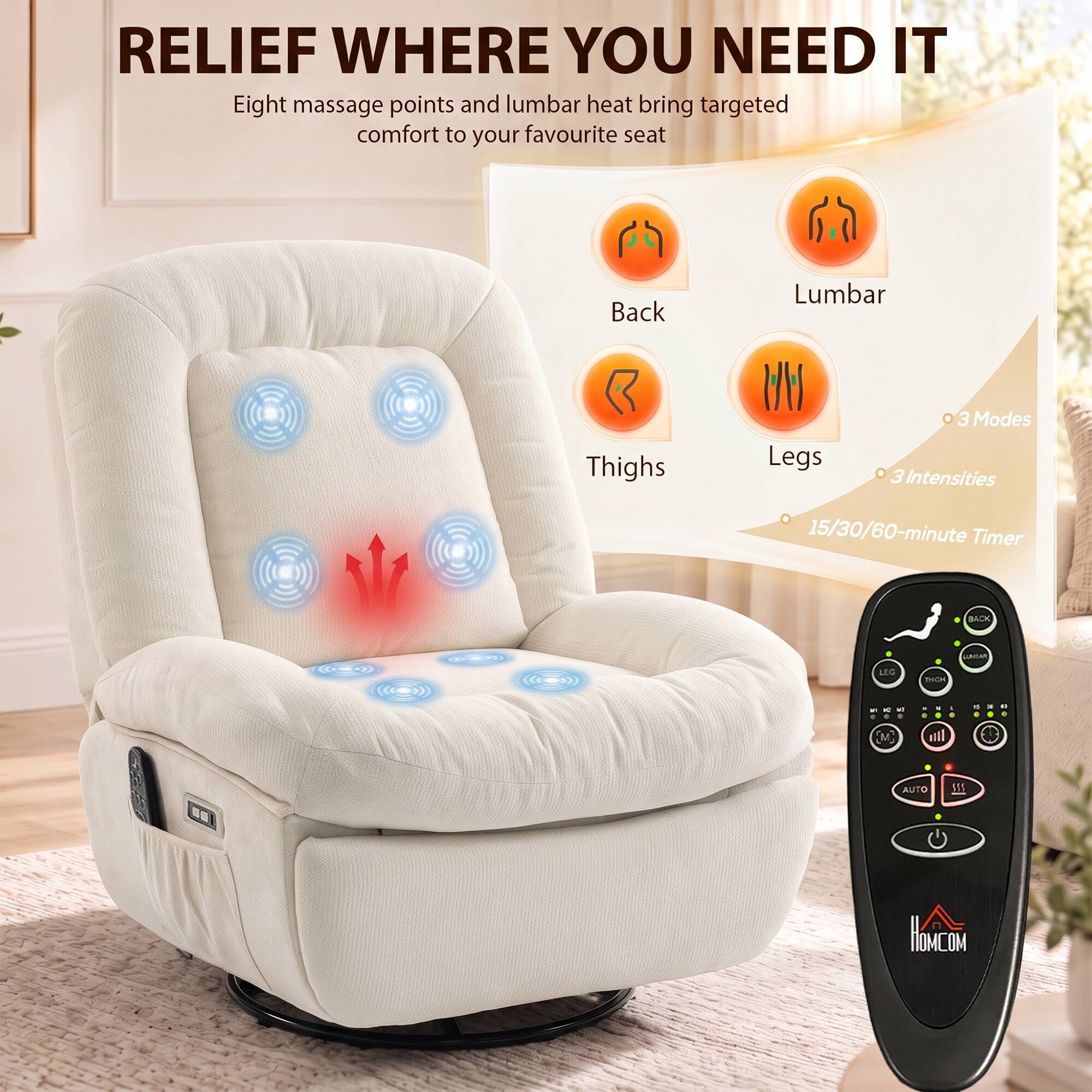 RELIEF WHERE YOU NEED IT  
Eight massage points and lumbar heat bring targeted comfort to your favourite seat

- Back
- Lumbar
- Thighs
- Legs

3 Modes  
3 Intensities  
15/30/60-minute Timer

BACK  
LEG  
AUTO  
HOMCOM