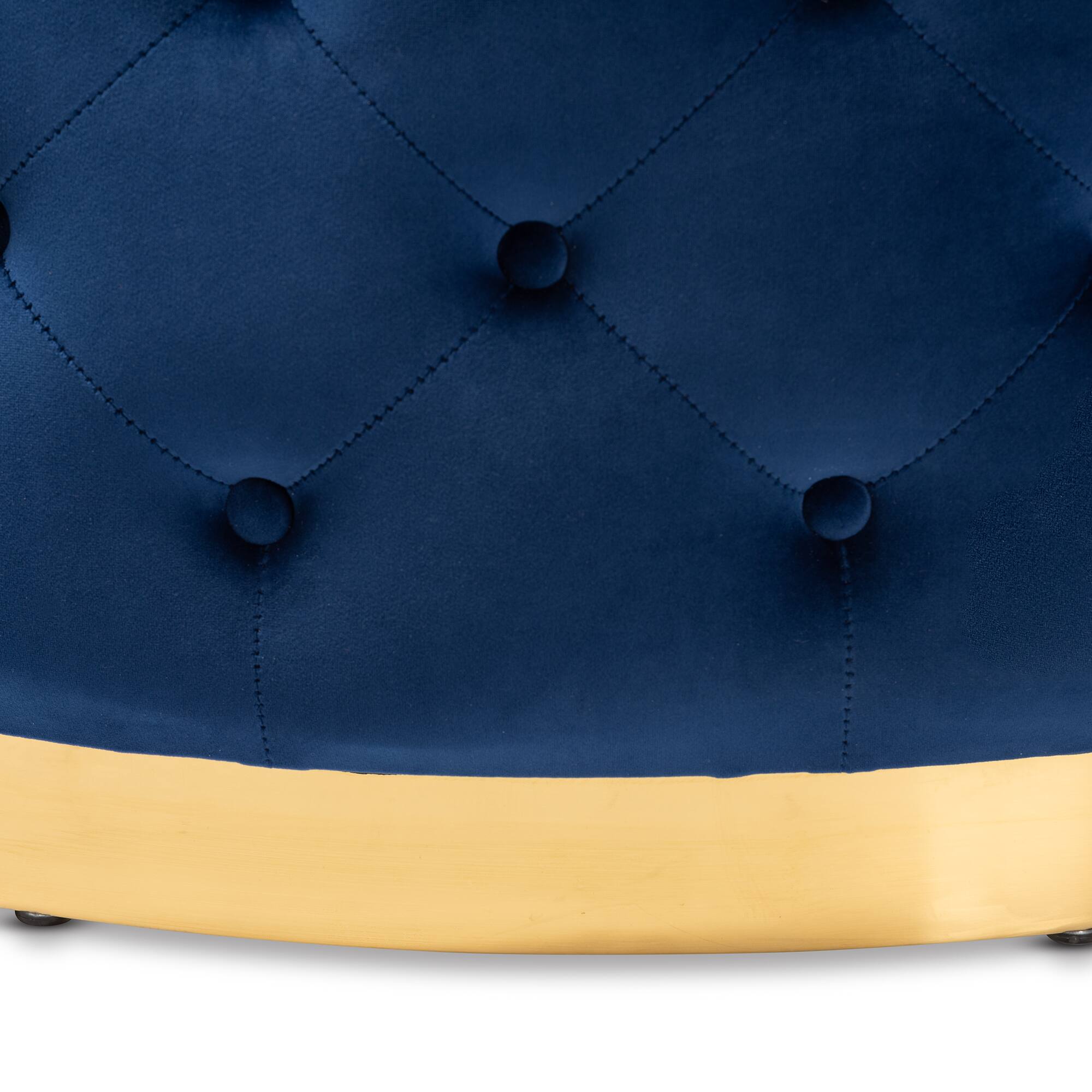Left. Baxton Studio - Sasha Glam and Luxe Velvet Fabric Upholstered Gold Finished Round Cocktail Ottoman - Royal Blue/Gold.