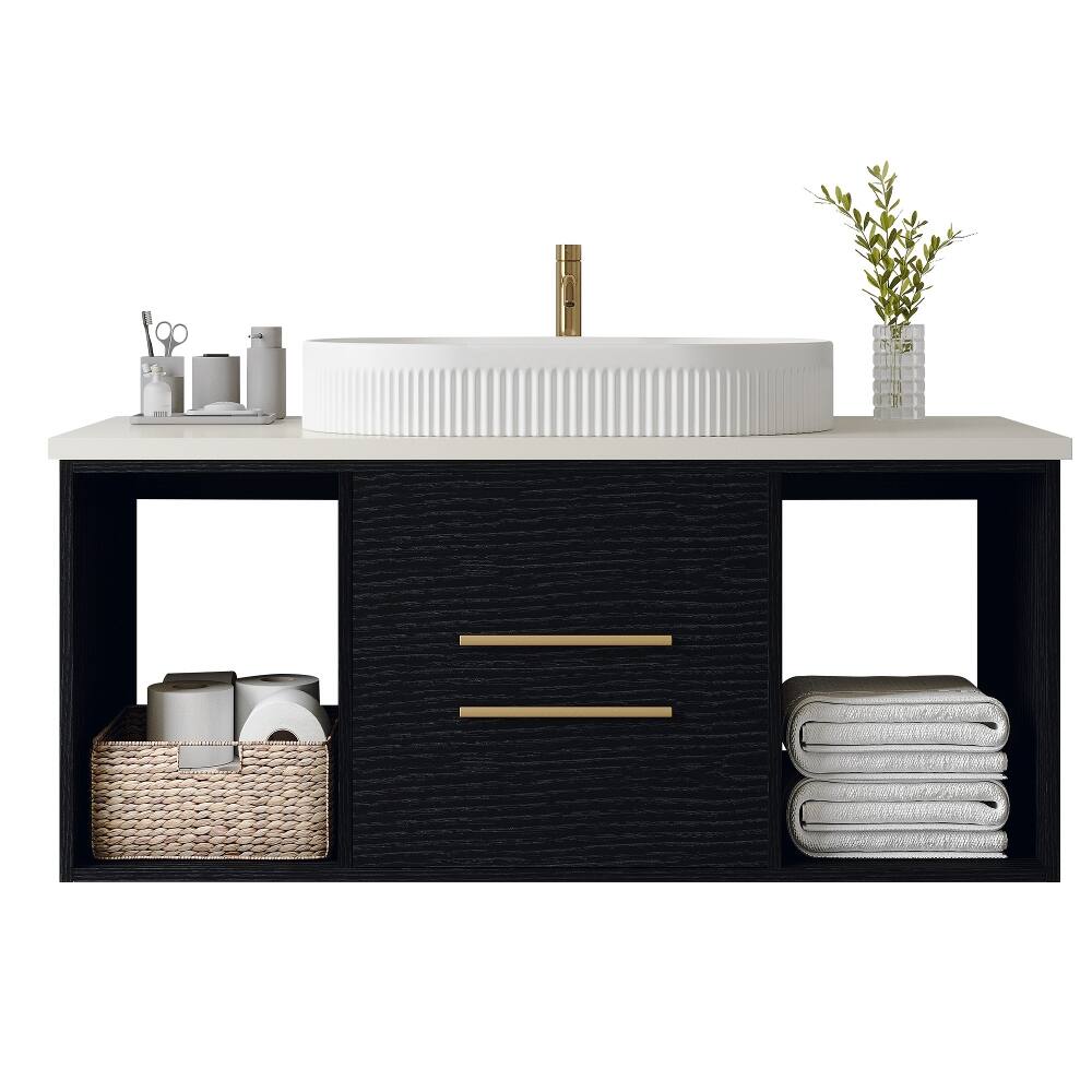 Alt View 1. Loheer - Loheer 39.4 Inch Floating Bathroom Vanity with Ceramic Sink Modern Single Sink Cabinet Soft-Close Drawers - Black, Gold, White.