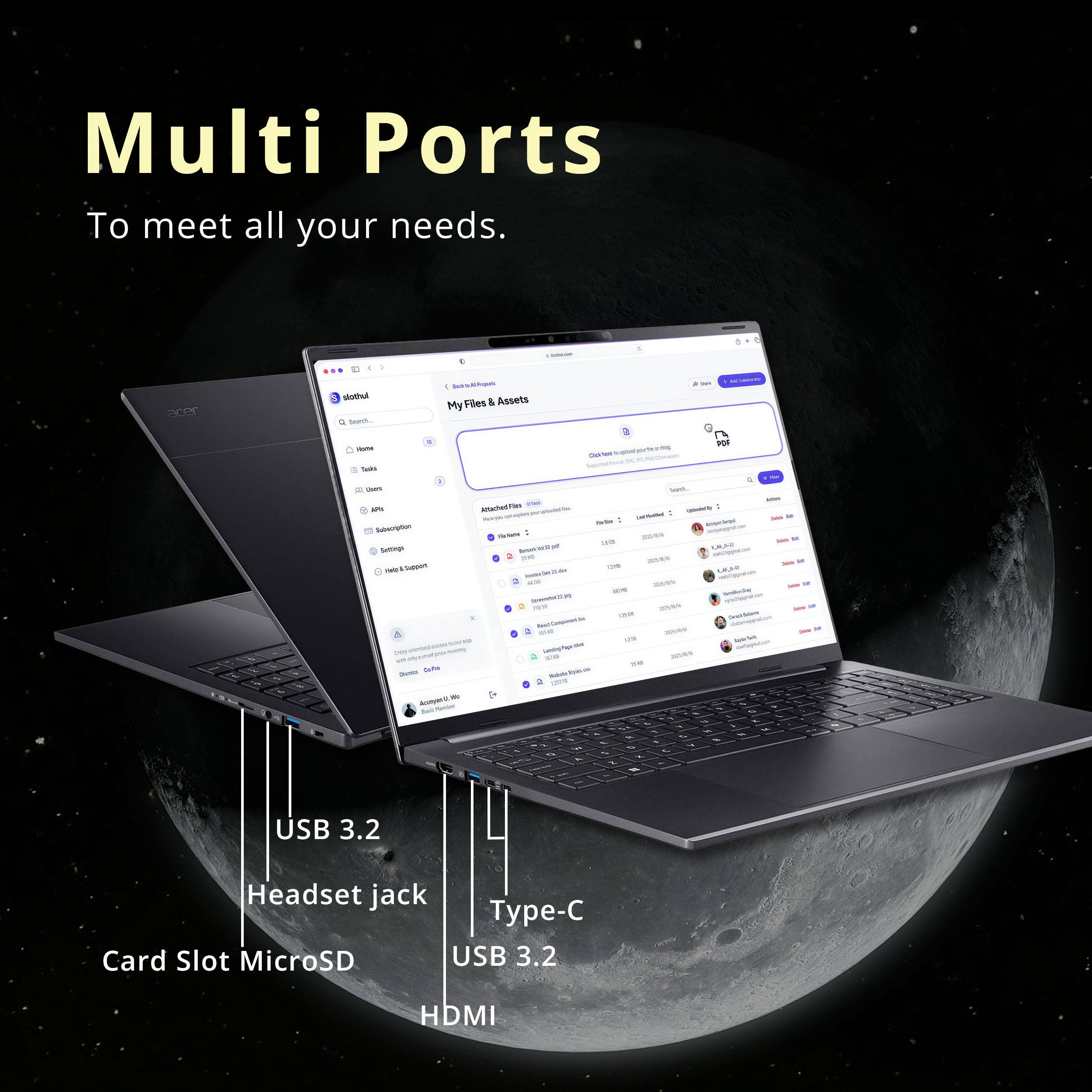 Multi Ports  
To meet all your needs.  

USB 3.2  
Headset jack  
Type-C  
Card Slot MicroSD  
USB 3.2  
HDMI