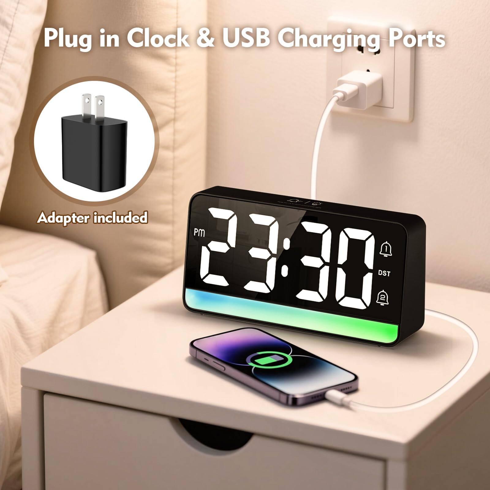 Plug in Clock & USB Charging Ports  
Adapter included  
PM 1 23:30 DST