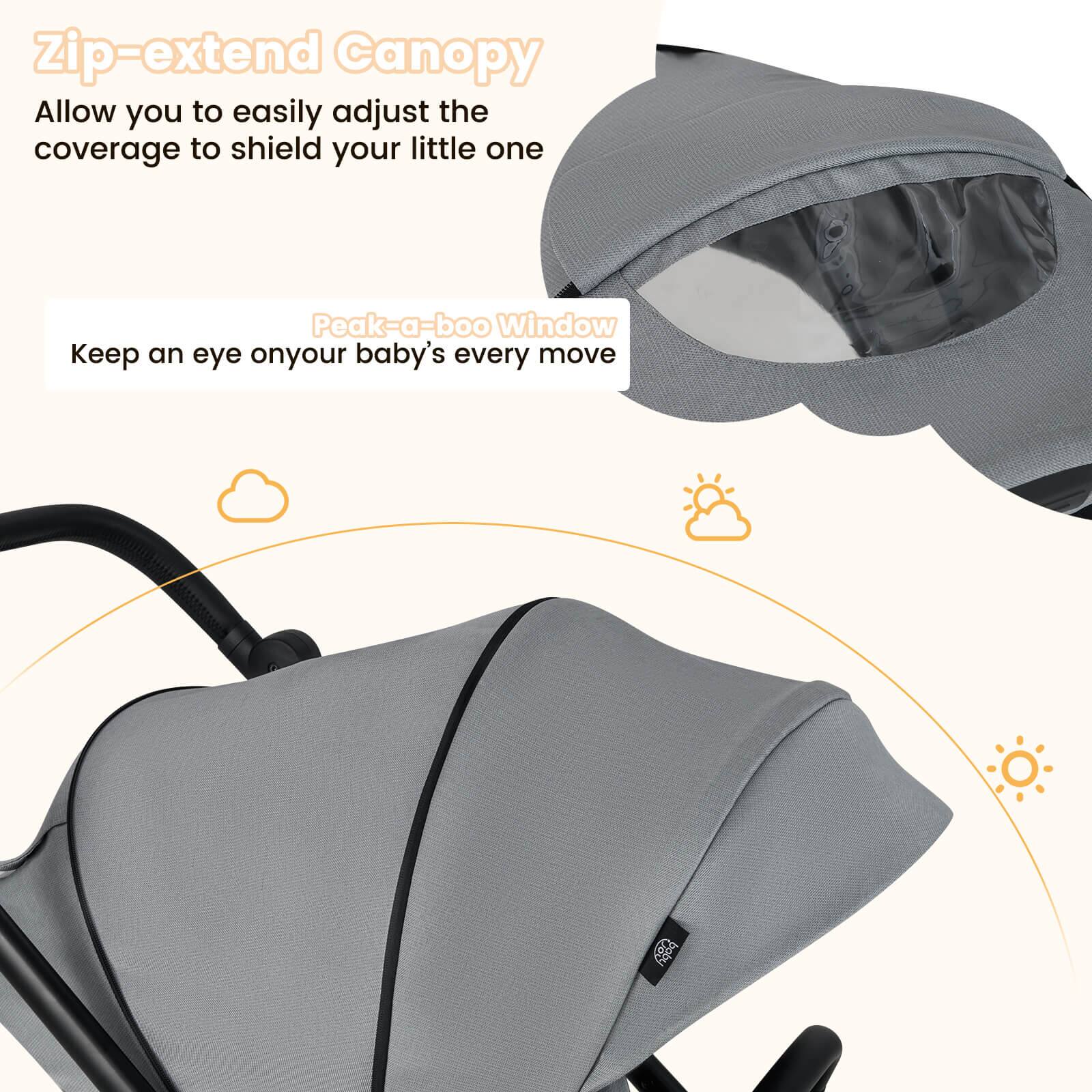 Zip-extend Canopy  
Allow you to easily adjust the coverage to shield your little one  

Peak-a-boo Window  
Keep an eye on your baby's every move