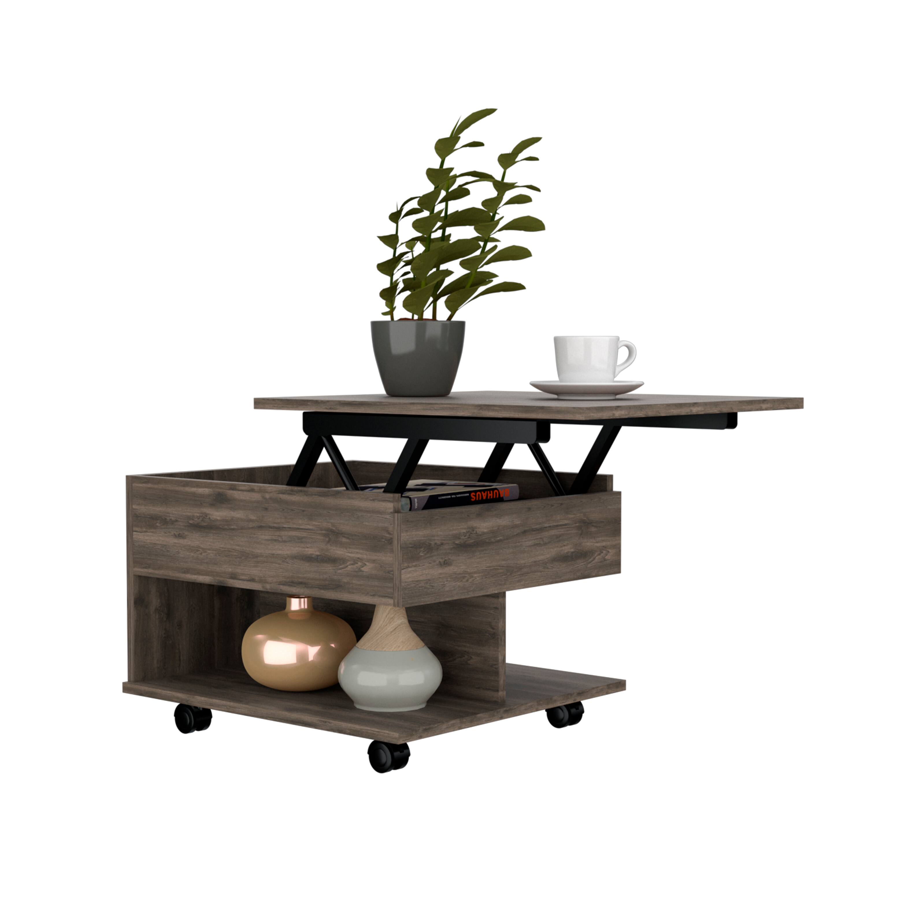 Alt View 2. TuHome - Luanda Lift Top Coffee Table, Casters, One Shelf, Retractible Table, Minimalist Design for Living Room or Lounge Area - Dark Brown.