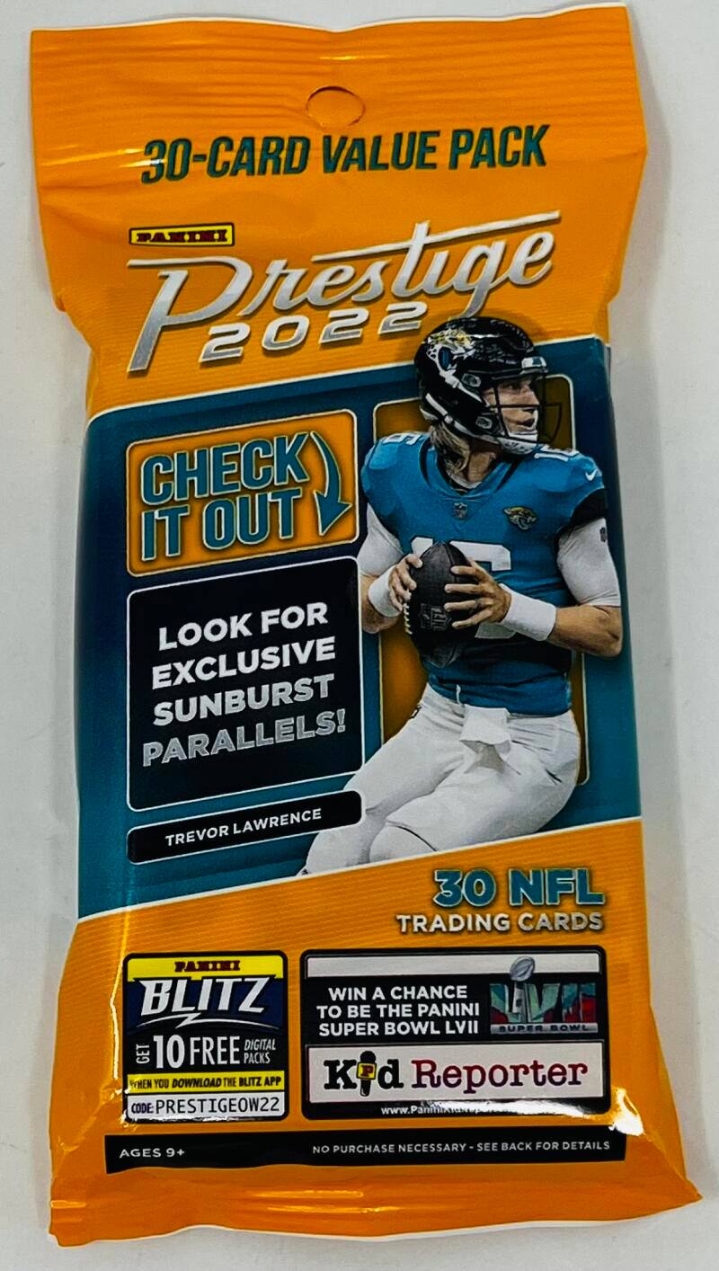 30-Card Value Pack Panini Prestige 2022

Check it out! Look for exclusive Sunburst parallels!

Lawrence Trevor 30 NFL Trading Cards

Panini Blitz: Win a chance to be the Panini Super Bowl LVII Super Bowl Digital Kid Reporter! Get 10 free packs when you download the Blitz app. Reporter code: PRESTIGEOW22

www.Panini.net

Ages 9+

Purchase necessary. See back for details. No purchase necessary.
