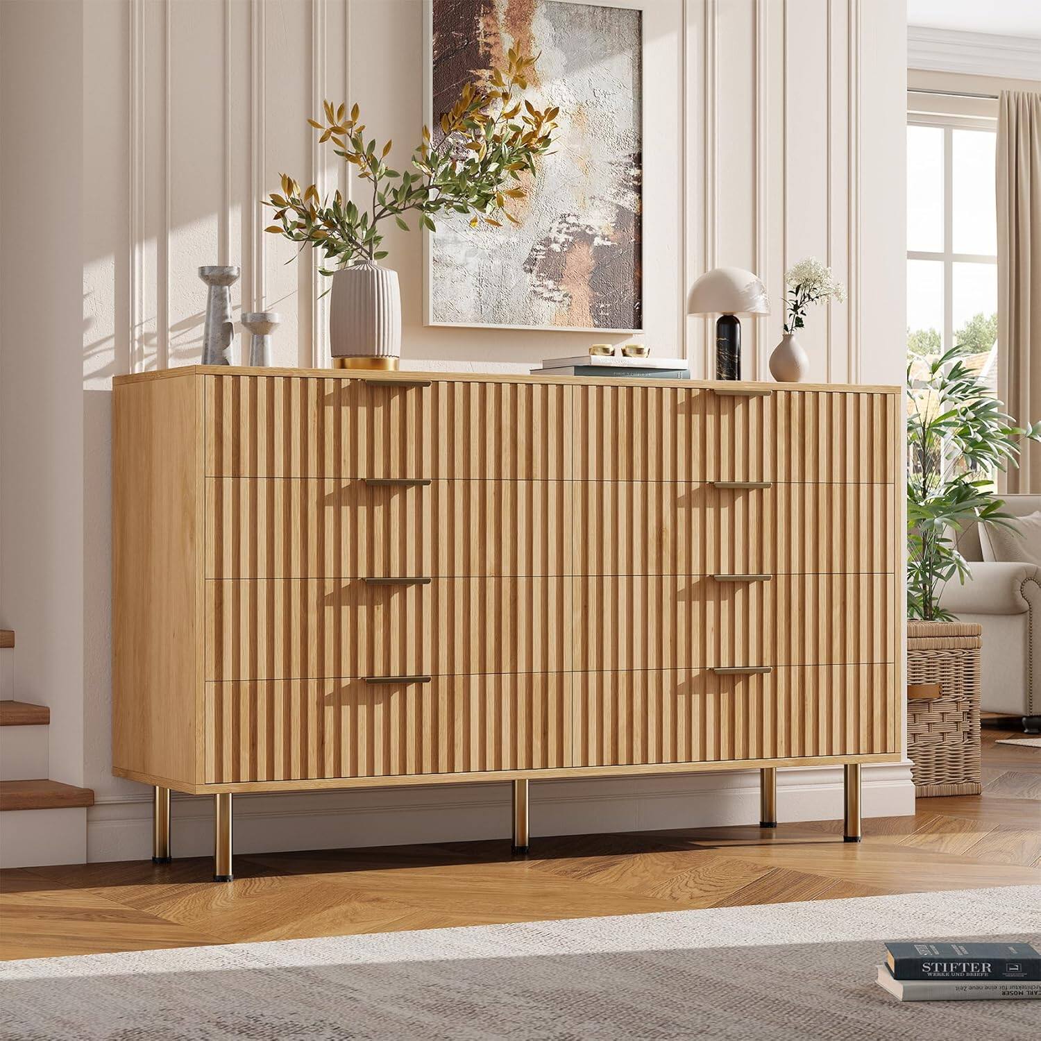 Front. Homhougo - 8-Drawer Dresser for Bedroom, 55" Wide Modern Wooden Chest of Drawers with Metal Handles, Anti-Tip Design, Sturdy - Natural.