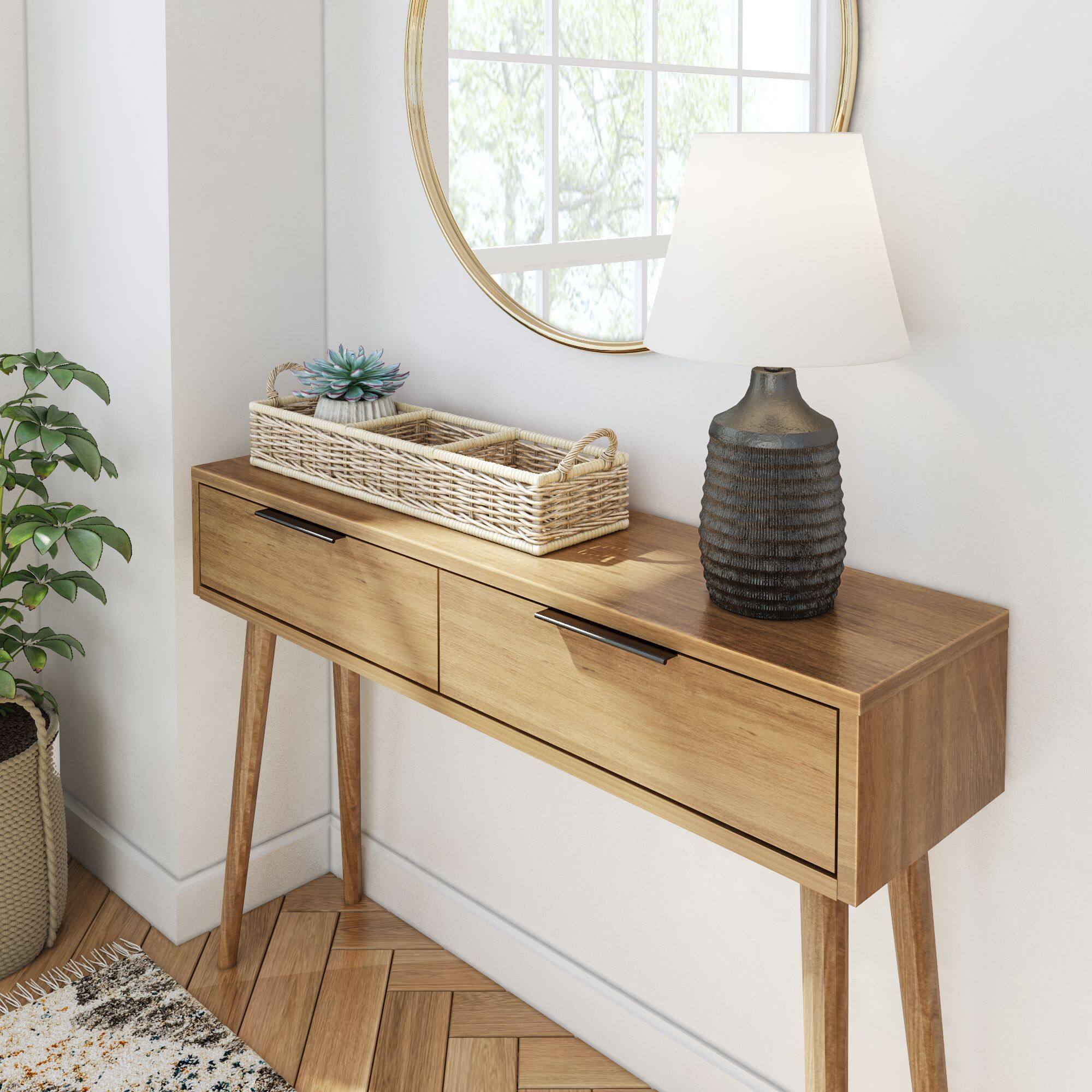 Alt View 3. Plank+Beam - Mid-Century Modern Console Table with Pulldown and Black Handles (46in / 1170mm), Pecan - Pecan.