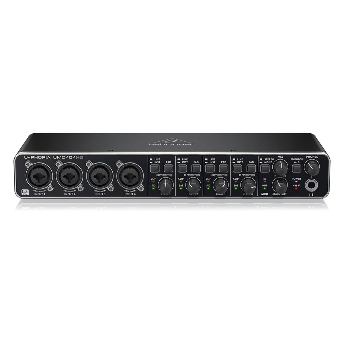 U-PHORIA UMC404HD

LINE INST PAD
LINE INST PAD
LINE INST PAD
LINE INST PAD

STEREO MIX
MONITOR PHONES
A/B

CLIP
CLIP
CLIP
CLIP

192

INPUT 1
INPUT 2
INPUT 3
INPUT 4

MIDI
MAIN OUT

POWER