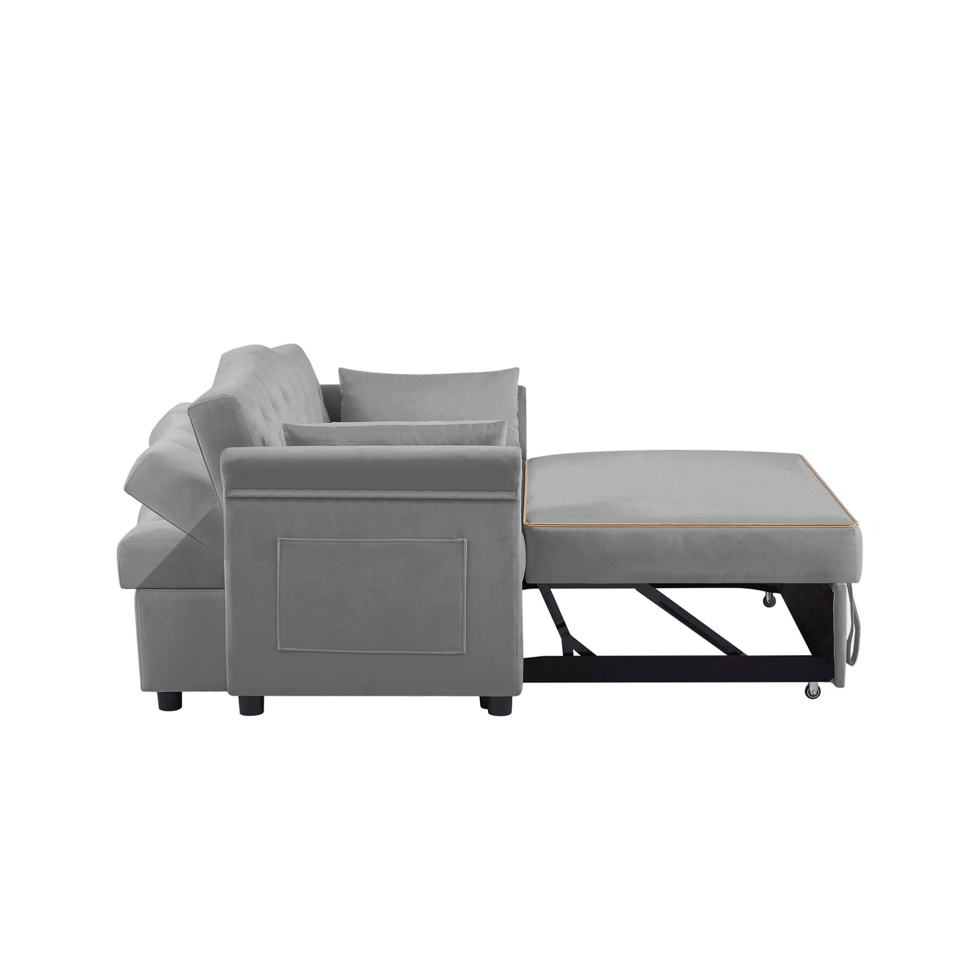 Alt View 4. GOODSILO - Velvet Convertible Sleeper Sofa Bed with Adjustable Positions and Tufted Backrest - Gray.