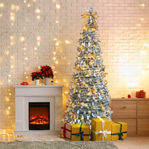 Alt View 9. Winado - 7FT Snow Flocked Pre-lit Artificial Christmas Tree Pop Up with Light Ornaments Collapsible for Indoor Holiday Decoration - Snow Flocked Green.